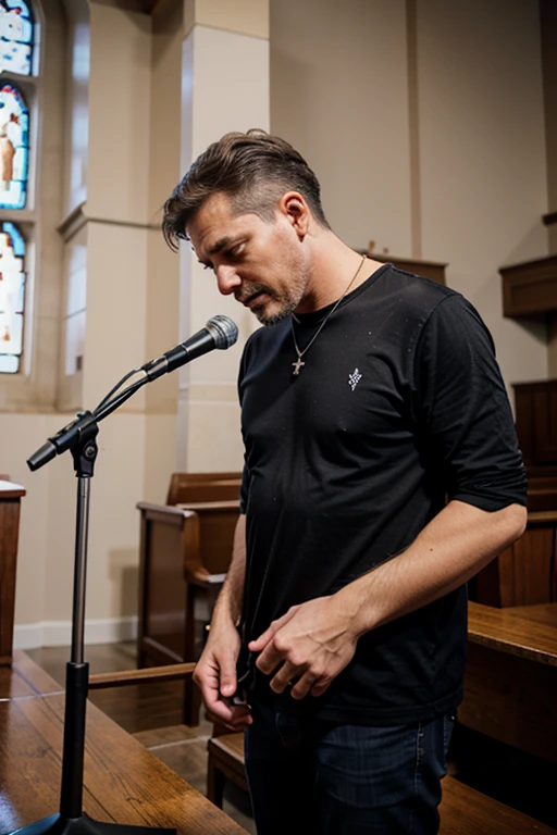 evangelical pastor, 50 years old, IS DRESSED IN CLOTHES, SEGURANDO UM MICROFONE, AJOELHADO, CHORANDO, DENTRO DE UMA IGREJA COM UM ALTAR.