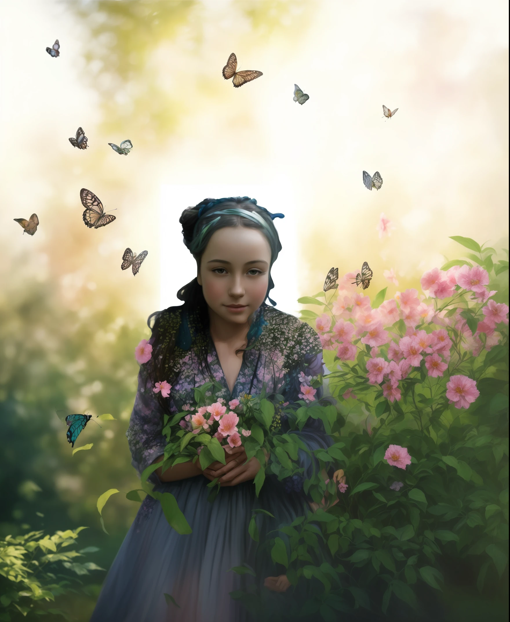 (best quality,ultra-detailed),(realistic,photorealistic:1.37),a girl with long flowing hair,beautiful detailed eyes,beautiful detailed lips,medium:oil painting,standing in a vibrant garden, surrounded by blooming flowers and lush green trees.Medium:canvas with vibrant colors,ray of sunlight shining through the leaves,casting a warm glow on the scene.The girl is wearing a flowing dress, gracefully holding a bouquet of colorful flowers in her hands.Her face is full of joy and serenity, radiating a sense of inner peace.Wild butterflies are fluttering around her, adding a touch of whimsy to the scene.In the background, a gentle stream flows through the garden, reflecting the beauty of the surroundings.The overall color tone is warm and inviting, with a mix of vibrant hues and soft pastels.The garden is alive with vibrant blooms, showcasing the beauty of nature in full bloom.The lighting is soft and natural, with sunlight filtering through the leaves, creating a play of light and shadow on the girl's face and the garden.Gently swaying in the breeze, the girl's hair adds a sense of movement and liveliness to the painting.A sense of tranquility and harmony permeates the entire scene, capturing a moment of serenity in nature.