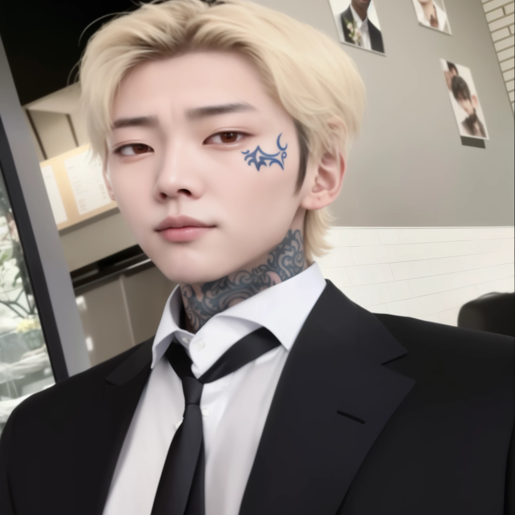 there is a man with a tattoo on his face wearing a suit, kim doyoung, cai xukun, male ulzzang, jung jaehyun, taejune kim, jinyoung shin, delicate androgynous prince, hyung tae, handsome japanese demon boy, beautiful androgynous prince, hong june hyung, inspired by jeonseok lee, stray kids Lee Felix