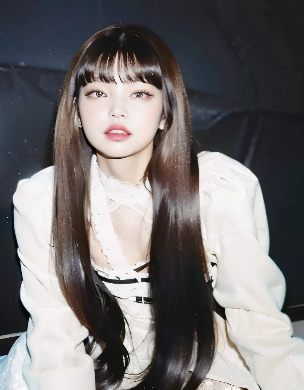 Mujer arafed con pelo largo sentada en una cama., jennie rosa negro, el corte de hime, con flequillo, Lalisa Manobal, long hair con flequillo completo, con flequillo completo, Lalisa Manoban de Blackpink, long hair con flequillo, jossi de blackpink, portrait of jossi de blackpink, flequillo largo y recto, she has black hair con flequillo