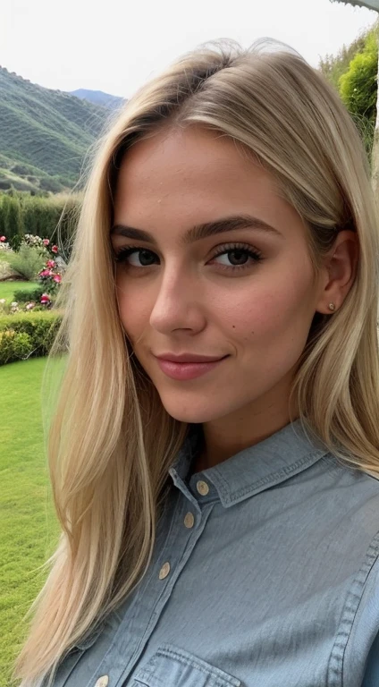 A 23-year-old blonde woman, ((pechos grandes)), ((hiperrealismo)) ,. blonde hair with light brown roots. cabello rubio, Hair with brown roots, cabello extra largo, cabello muy largo, Cabello muy largo, hermoso, vista frontal, autofoto, Foto tomada con iPhone, elegante camisa negra con escote, escotada, autofoto in the garden, alta calidad, autofoto iPhone, escote