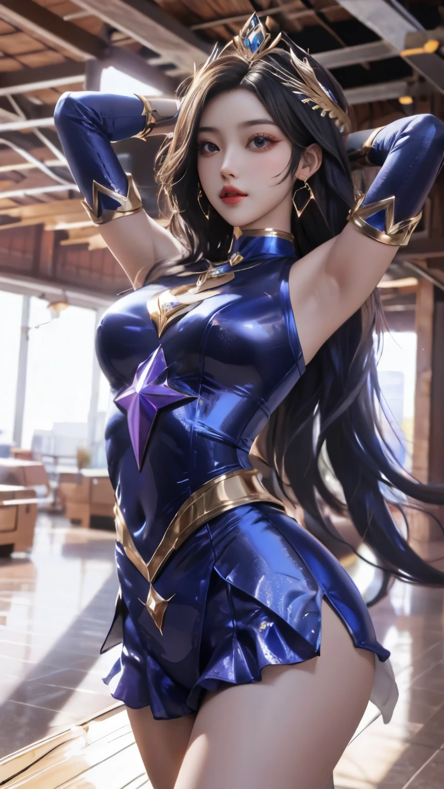 To create an elegant and exclusive uniform for a space explorer team similar to the uniforms from the franchise "star"trek", more of a high goal, with a different emblem in the shape of a bird and a four-pointed star inside a circle, using golden colors, silver and blue, used by a greenish humanoid reptilian man, 精致的面容, soft and expressive extremely big and strong using all kinds of weapons as a warrior in a spaceship, full body view