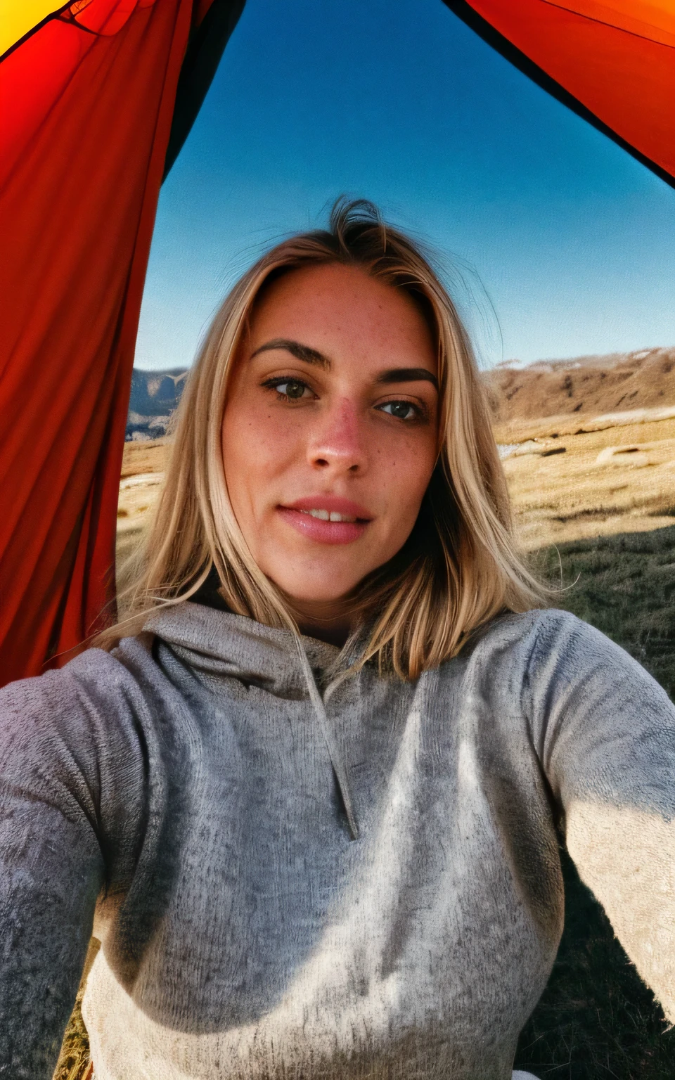 1 woman, American, beautiful, grey eyes, honey coloured hair,((upper body selfie, happy)), Filming in a tent, Beautiful backlight, Tent Open Sign,Masterpiece, Best Quality, Ultra-detailed, Solo, exteriors, (natta), mountains, Nature, (sao, the moon) cheerful, happy,, Cosy in a sleeping bag, Inside the tent, When you open the tent, You can see some nice horsemen outside.., woods, rock formations, rivers, wood, smoke, shadowy, contrast, clear skies, analog style (looking up at viewer:1.2) (skin texture) (film grain:1.3), (warm hue, warm tone:1.2), close-up, Cinematic light, Sidelighting, The ultra-Highres, best shadows, ..raw, upper half body, wearing pullover, Relaxed and intimate photos, blonde hairs,