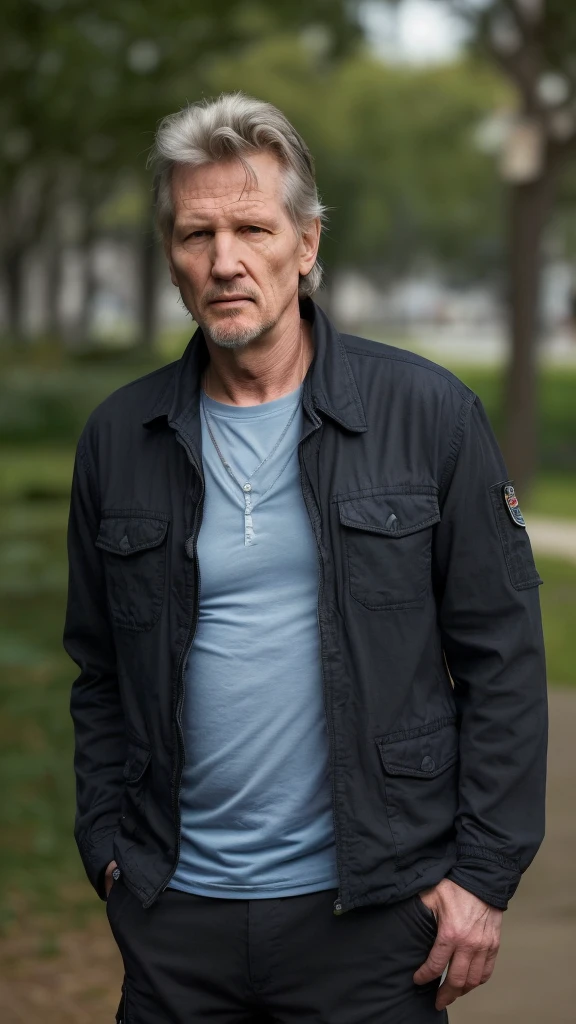 there is a man with a blue shirt and a black jacket with cargo pants, standing in a park, this person does not exist, 50-year-old white man, neil breen-david lynch-kris kristofferson-bing crosby-scott derrickson-edward burns-mikael persbrandt-paul feig-sean penn-william peterson merged, entire body visible, full body, hyperrealistic, best quality, 8K, real human skin, masterpiece, extremely intricate, medium closeup, detailed eyes, detailed face, detailed body, exaggerated features, pronounced features