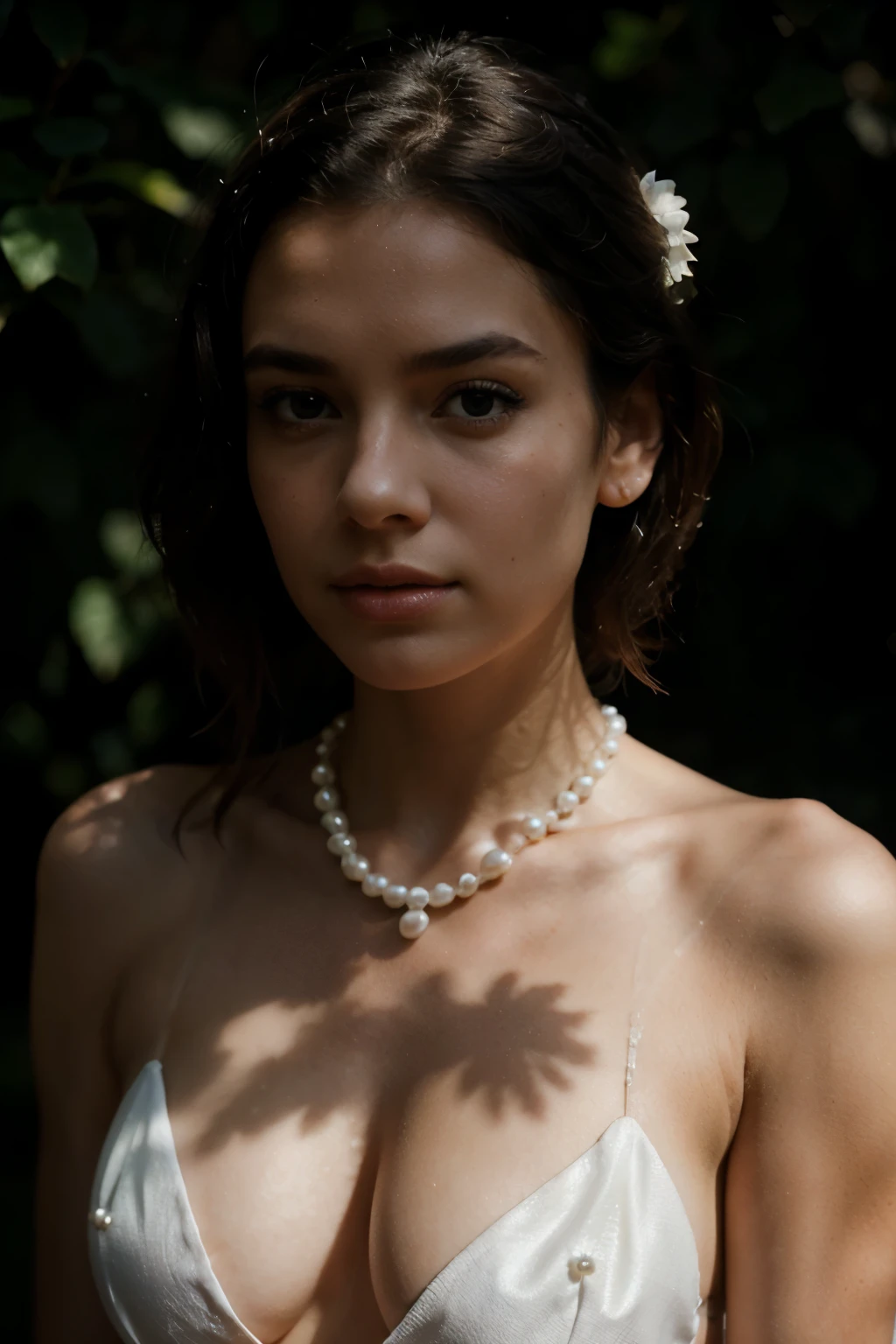 Intense girl portrait, pearls on neck and chest, contrast, light, shadows