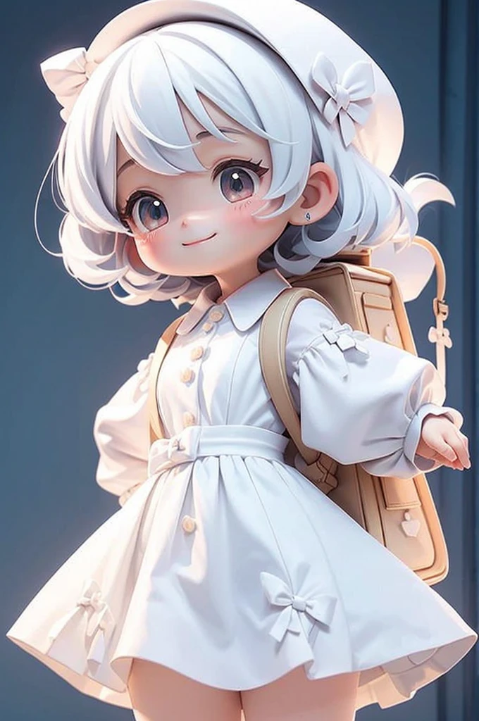 masterpiece, best quality, a cute chibi girl smiling, white pinafore dress, short puffy sleeves shirt, white hairbow, backpack, (full shot)