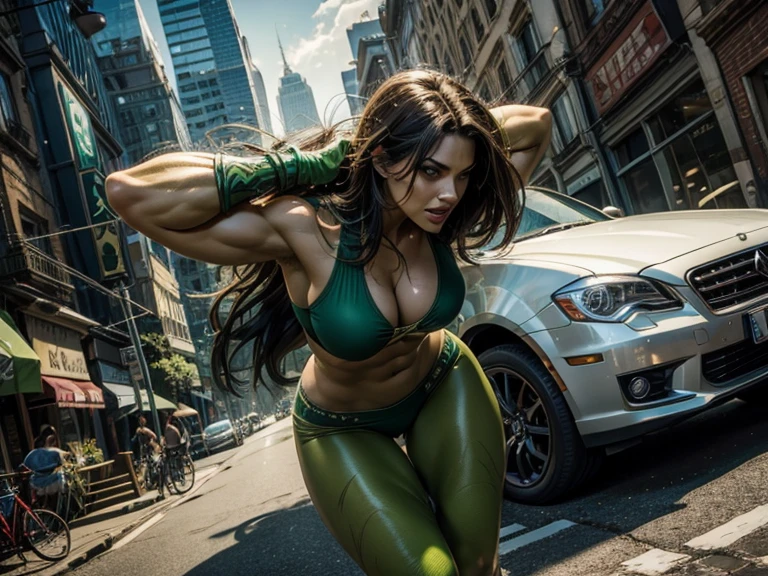 (best quality), (high detail), (1shehulk), (greenskin), perfect face, perfect body, marvels she-hulk, lifting a car above her, muscular, large breast, superhero, HDR, 3D, 4K