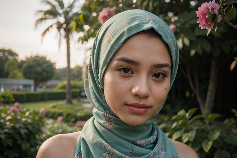 masterpiece, best quality, movie still, 1 indonesian girl in lilac hijab, cloud girl, floating in the sky, close-up, bright, happy, warm soft lighting, sunset, (sparks:0.7)