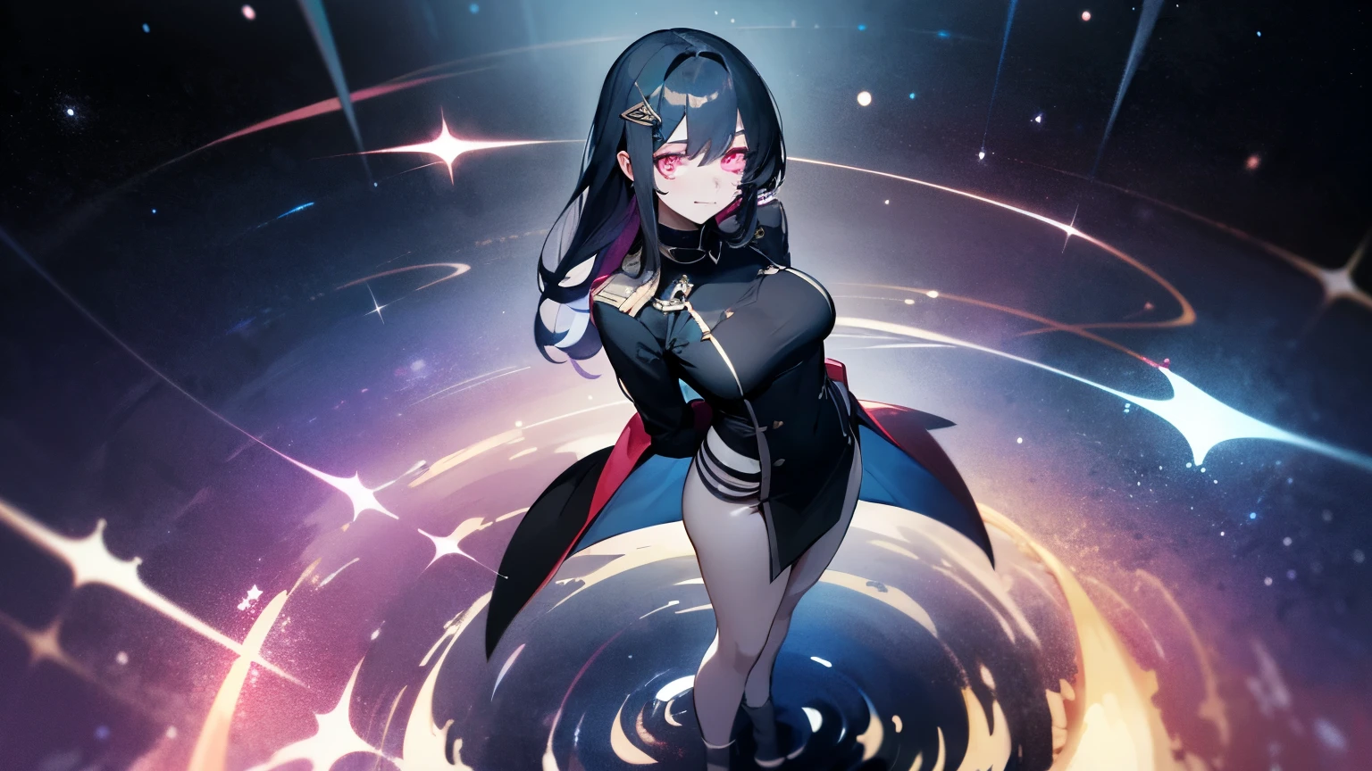 1woman, Hairstyle: long straight dark blue hair with hairclip, expressive eyes, pink eyes(glowing), faint smile, perfect face, medium waist and voluptuous body, pale skin(extreme), wearing Chaldea uniform, Pose: Fullbody, Hands hidden behind back, Standing in water reflecting galaxies, Background: Welsh Castle ruins at night, 8k, best quality, absurdres, from above, looking at viewer,