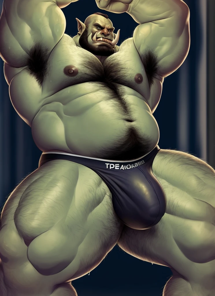 humanoid, orc, pecs, muscular male, looking at viewer, tusks, detailed speedo, big underwear bulge, sweaty, hairy, hairy body, really hairy, really hairy chest, really hairy belly, really hairy arms, really hairy legs, hairy armpits, musky armpits