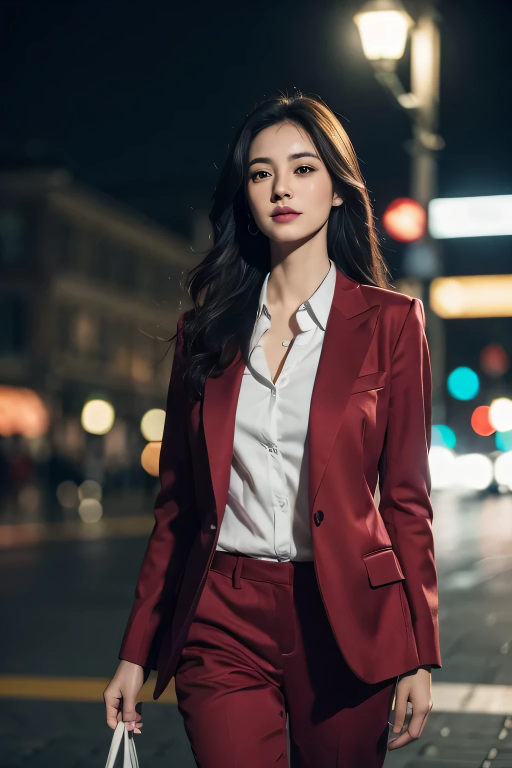 Upper Body,The female anchor is wearing a red blazer,30-year-old woman,Bust C cup,Wear yours with a white shirt and black pants,Makeup is delicate and generous,Mainly light makeup,Highlight the eyes and lips of the female anchor,The face shape is round,Eyes are big and smart,Eyebrows are naturally curved,Plump and rosy lips。Hair up:1.2,Clear presentation、Powerful images,on the street