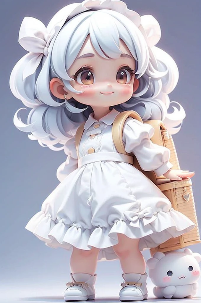 masterpiece, best quality, a cute chibi girl smiling, white pinafore dress, short puffy sleeves shirt, white hairbow, backpack, (((full body)))