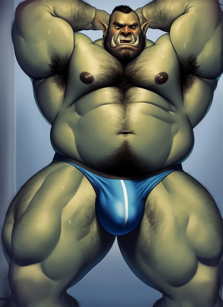 humanoid, orc, pecs, muscular male, looking at viewer, tusks, detailed speedo, big underwear bulge, sweaty, hairy, hairy body, really hairy, really hairy chest, really hairy belly, really hairy arms, really hairy legs, hairy armpits, musky armpits