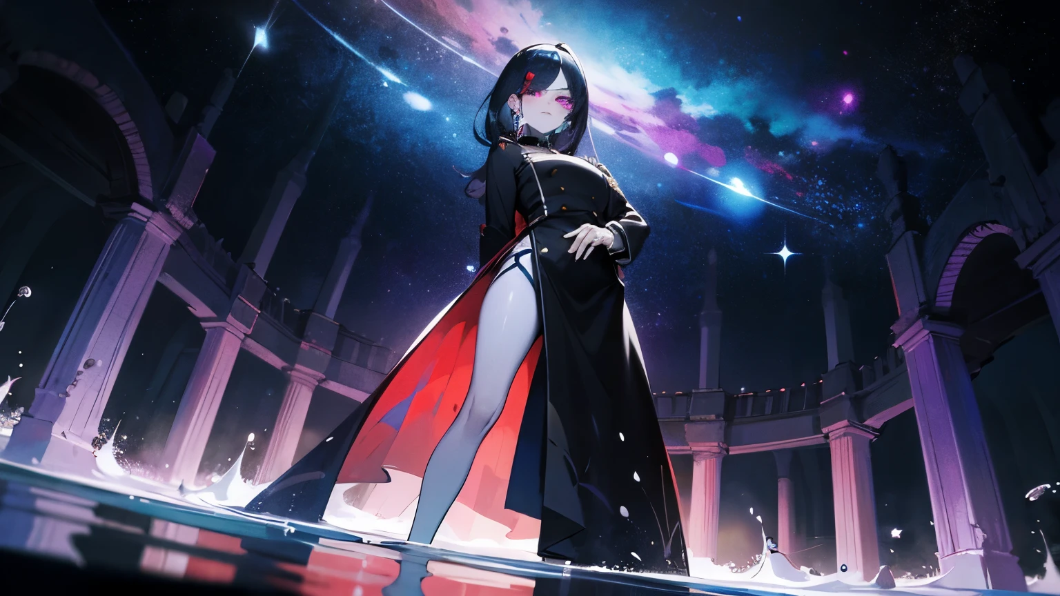 1woman, Hairstyle: long straight dark blue hair with hairclip, expressive eyes, pink eyes(glowing), faint smile, perfect face, medium waist and voluptuous body, pale skin(extreme), wearing Chaldea uniform, Pose: Fullbody, Hands hidden behind back, Standing in water reflecting galaxies, Background: Welsh Castle ruins at night, 8k, best quality, absurdres, from below, looking at viewer, 