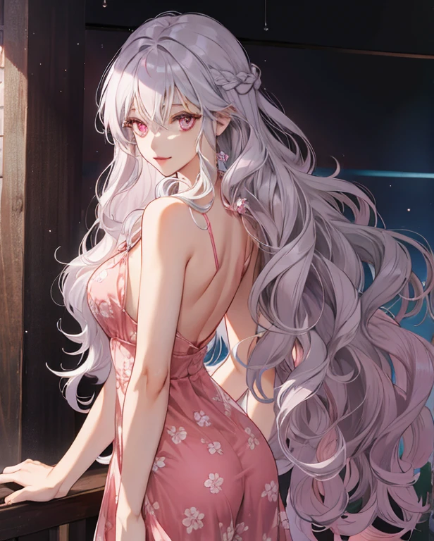 Woman,, silver hair, mid-twenties, peach eyes, long hair, curly hair, pink eyes