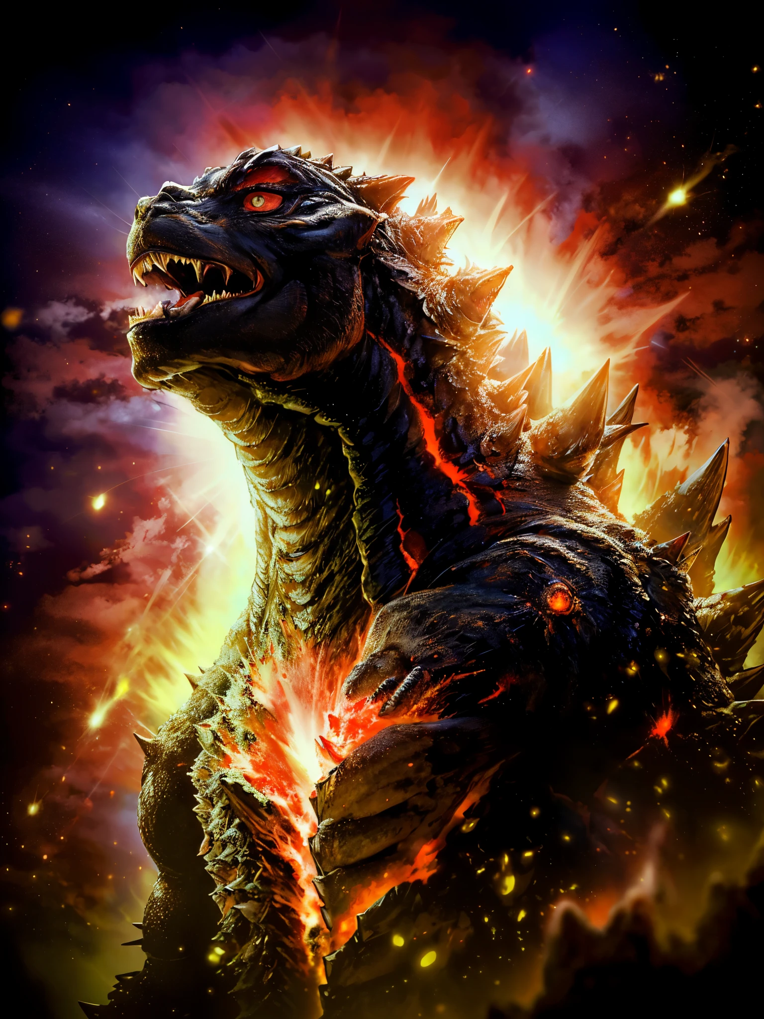 godzilla rising from the ground with flames coming out of it, character portrait of godzilla, godzilla portrait, godzilla, shin godzilla, kaiju, trex from godzilla (2014), giga, by Arthur Pan, inspired by Noriyoshi Ohrai, kaiju-eiga, king ghidorah, kaiju battle