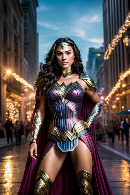 Un primer plano de una mujer disfrazada con capa, portrait of Mujer Maravilla, Mujer Maravilla, dressed as Mujer Maravilla, gal gadot as Mujer Maravilla, superhero portrait, margot robbie as Mujer Maravilla, Pintura sexy de Gal Gadot, Retrato de Gal Gadot, Retrato de Gal Gadot, Mujer preciosa, dwayne johnson as Mujer Maravilla, hero pose colorful city lighting