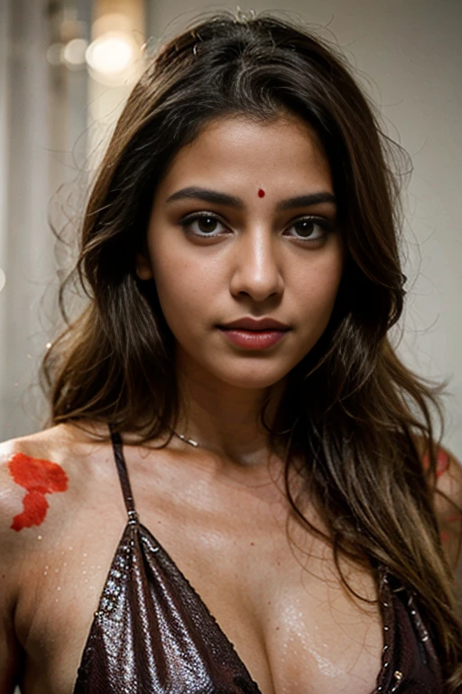 Extremely realistic sexy looking whote indian girl with blonde hair and blue eyes, detailed clothing, photoshoot for red champagne outfit