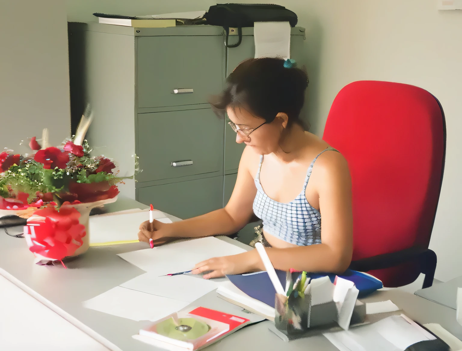 there is a woman sentado em uma mesa writing on a piece of paper, in the office,Working in an office, sentada em sua mesa, escrevendo uma carta, sentado em uma mesa, arte profissional, sitting in the office, retrato, spontaneous photography, trabalhando duro , artistic pose ela tem cerca de 30 anos, ela tem cerca de 30 anos. Uma mulher com pele branca e cabelos escuros. Ela tem trinta anos. Seu vermelho, slightly plump lips are like a delicate flower, e ela grande, olhos encantadores parecem conter um mundo de maravilhas. Ela tem 30 anos. Your body exudes glamor and your face is the definition of beauty. pernas bem torneadas. Altamente realista, pele avermelhada, beautiful and sensual lips, pouca roupa, sorridente, feeling of lightness and joy, hiperrealismo, pele muito elaborada, olhar direto, obra de arte, Foto de alta qualidade, high resolution, 8k.