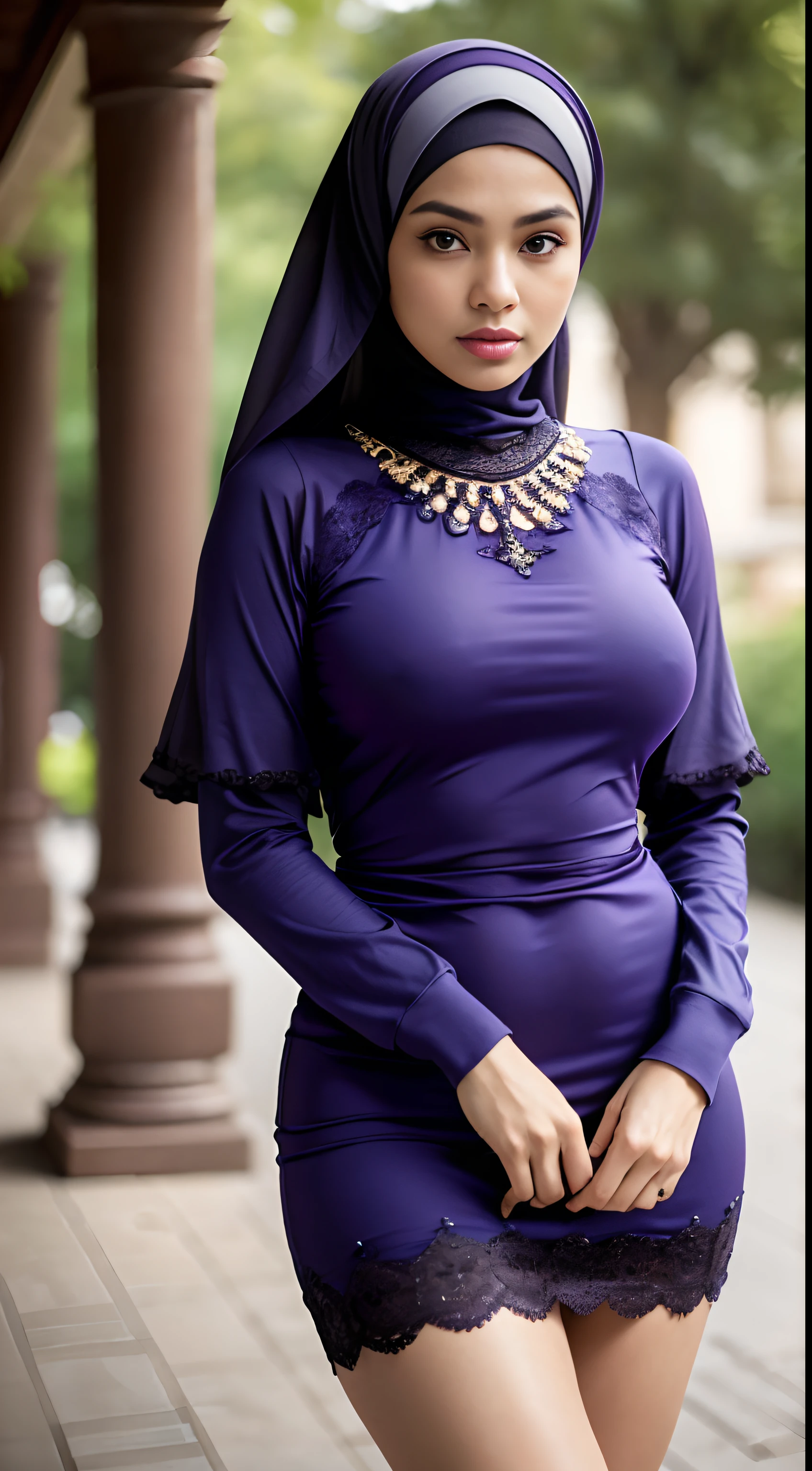 RAW, Best quality, high resolution, Masterpiece: 1.3), Beautiful Malay woman in hijab, Masterpiece, Perfect slim body, (Big breasts), Beautiful big eyes, Soft smile, Masterpiece:1.2, Best quality), Realistic, (Real picture, Intricate details, Depth of field,Purple crewneck dress, Tight dress, Close-up of people, Hi-Def, photorealistic perfect body, very very very realistic,(Panoramic camera), parted lip, highly detailed, Perfect face, Perfect body, Large models, Tall, Long legs, Natural background bokeh