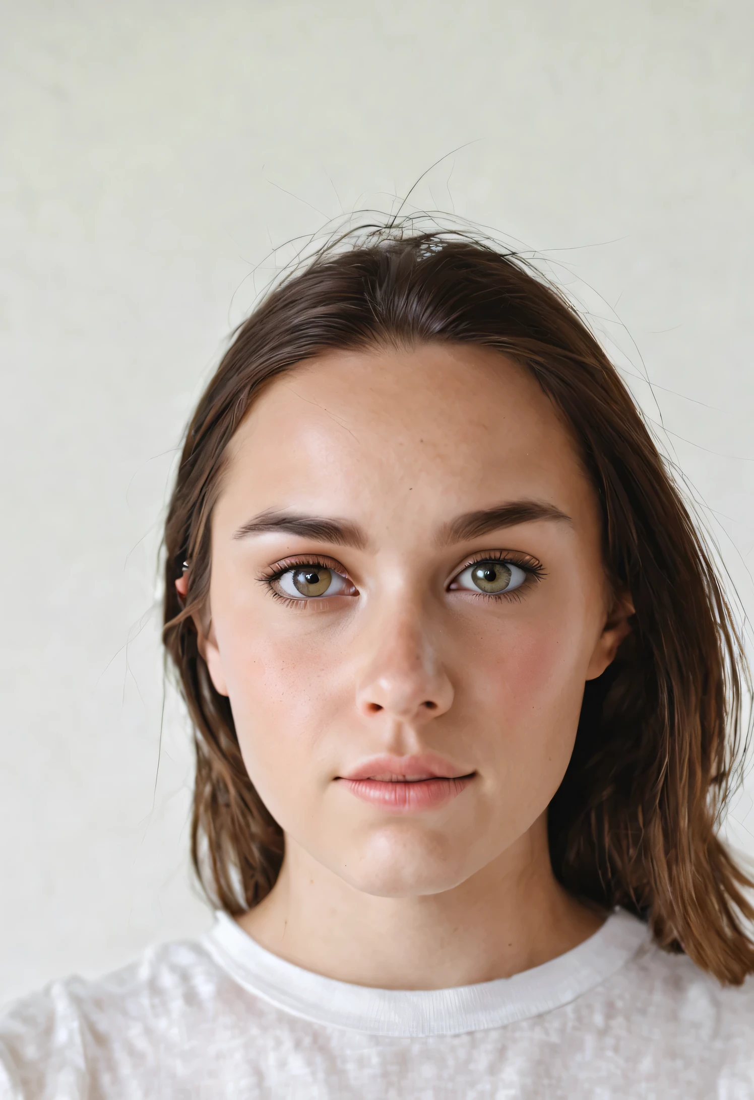 brunette girl, front photograph, realistic, white background, visible face,
