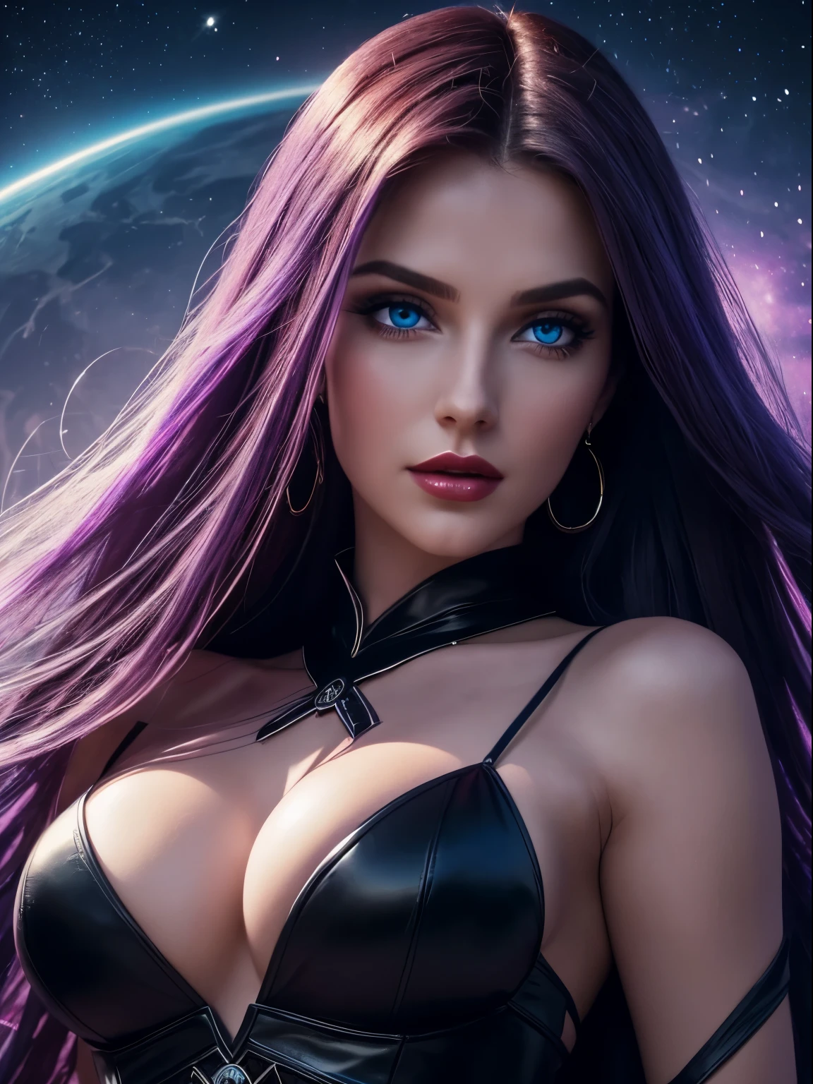 best quality, close-up, 8k, 30-year-old woman, long flowing purple hair, mesmerizing blue eyes, luscious red lips, wearing silky black dress, alluring woman, sexy woman with hourglass figure, looking at viewer, wanting a kiss, cosmic background with bioluminescent light, facing viewer, highly detailed face, extremely beautiful, floating particles, ancient runes, geometric patterns, V0id3nergy, mana, shadows, epic atmosphere