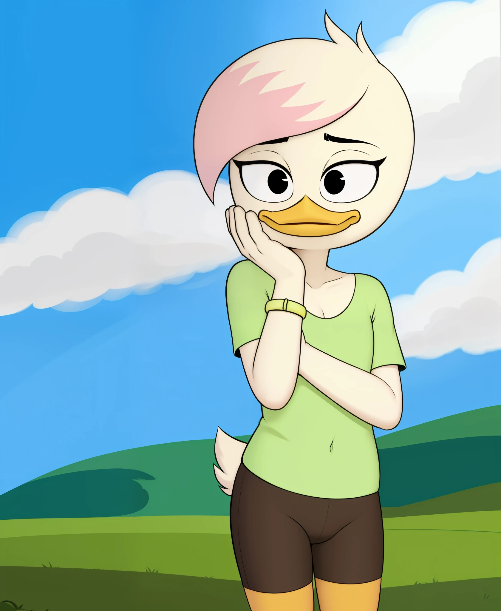 (by drockdraw:1.2) (by chelodoy:1) (by ashraely:1) lena sabrewing, white skin, white hair, pink highlights, light green shirt, bracelet, orange legs:1.2, tired:1.3, black eyes, scut tail, ducktales, eyeliner, beak, short hair, standing, solo:1.2, duck, beak, black shorts, tight shorts, hand on chin, eyeliner, black eyes, bra strap, short hair (outside, cloud, grass:1.2)