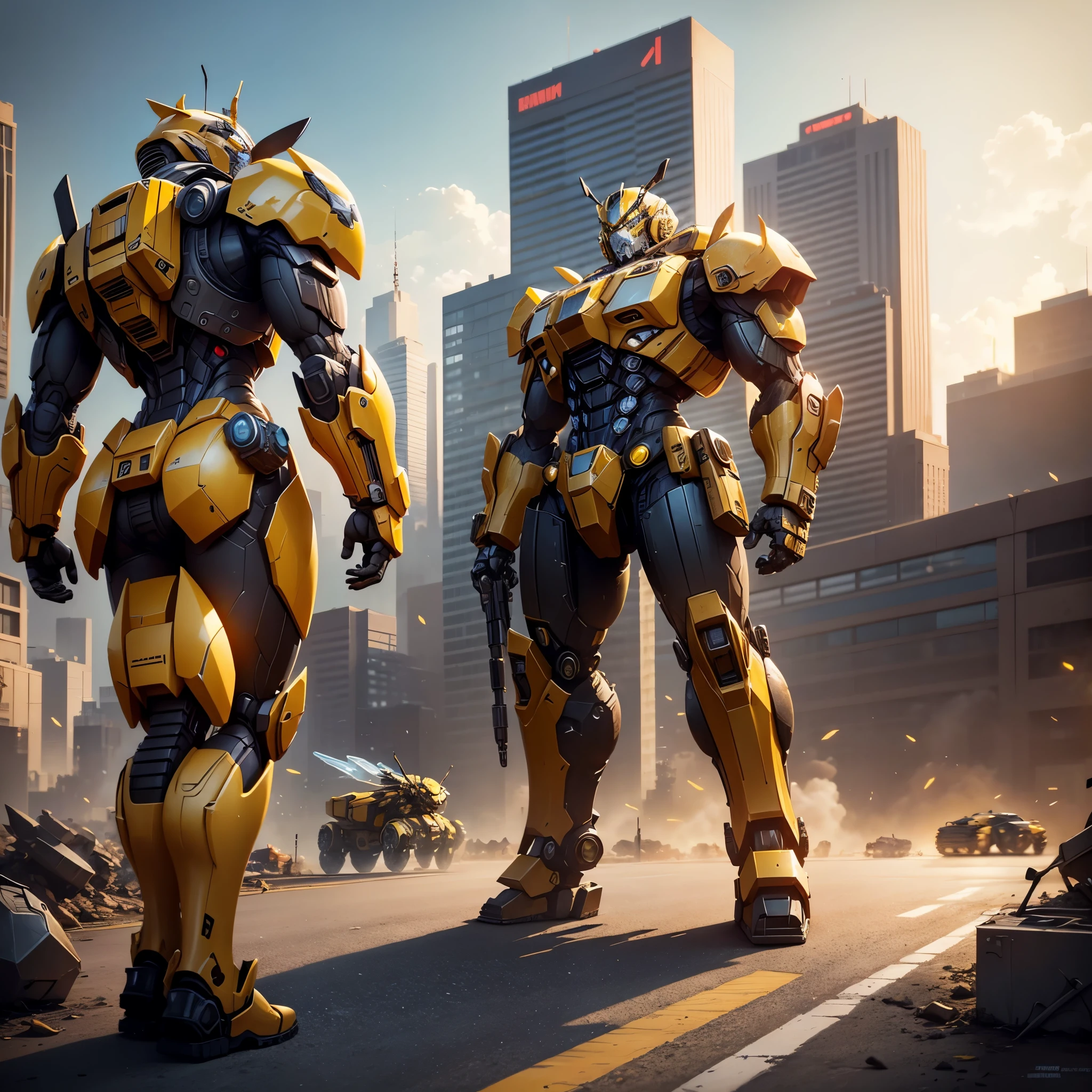 transformers war robots are in a battle with a city in the background, A man stands in front of the Bumblebee mech,based on bumblebee, yellow mech, Bumblebee, wojtek fus, akira and bumblebee, from transformers, trending on artstation 4k, yellow battlefield theme, an anime
