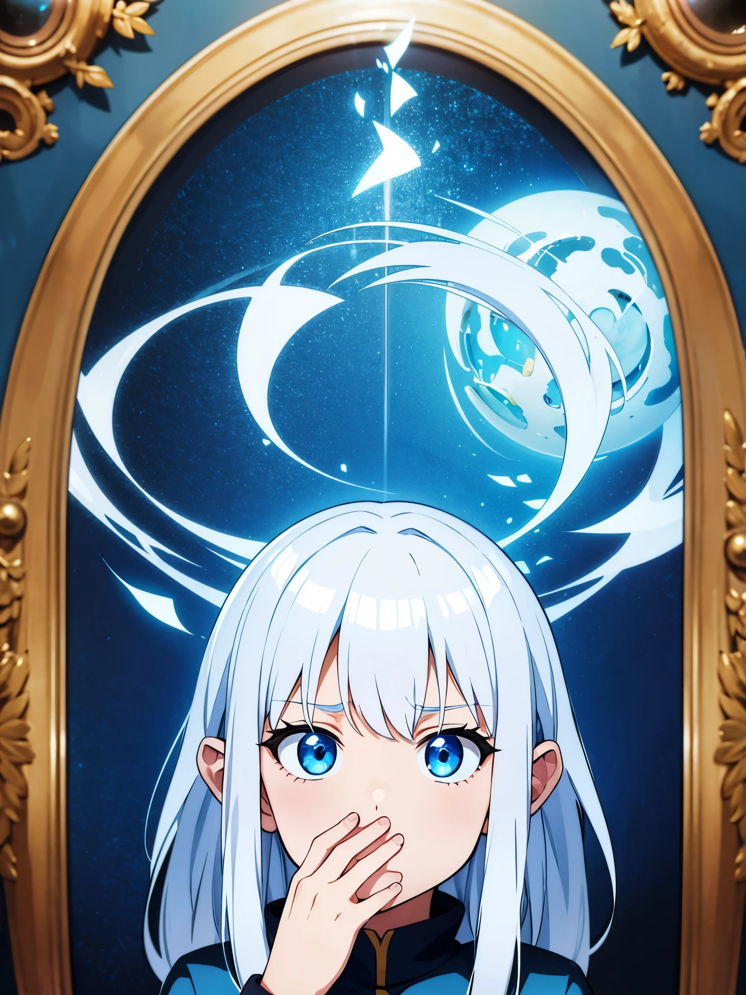 a ********** with white hair, blue hair , surprised face , looking at a hand mirror , 8k , ultrasharp , masterpiece , 2/3 body , long hair covering his ears , background cave 