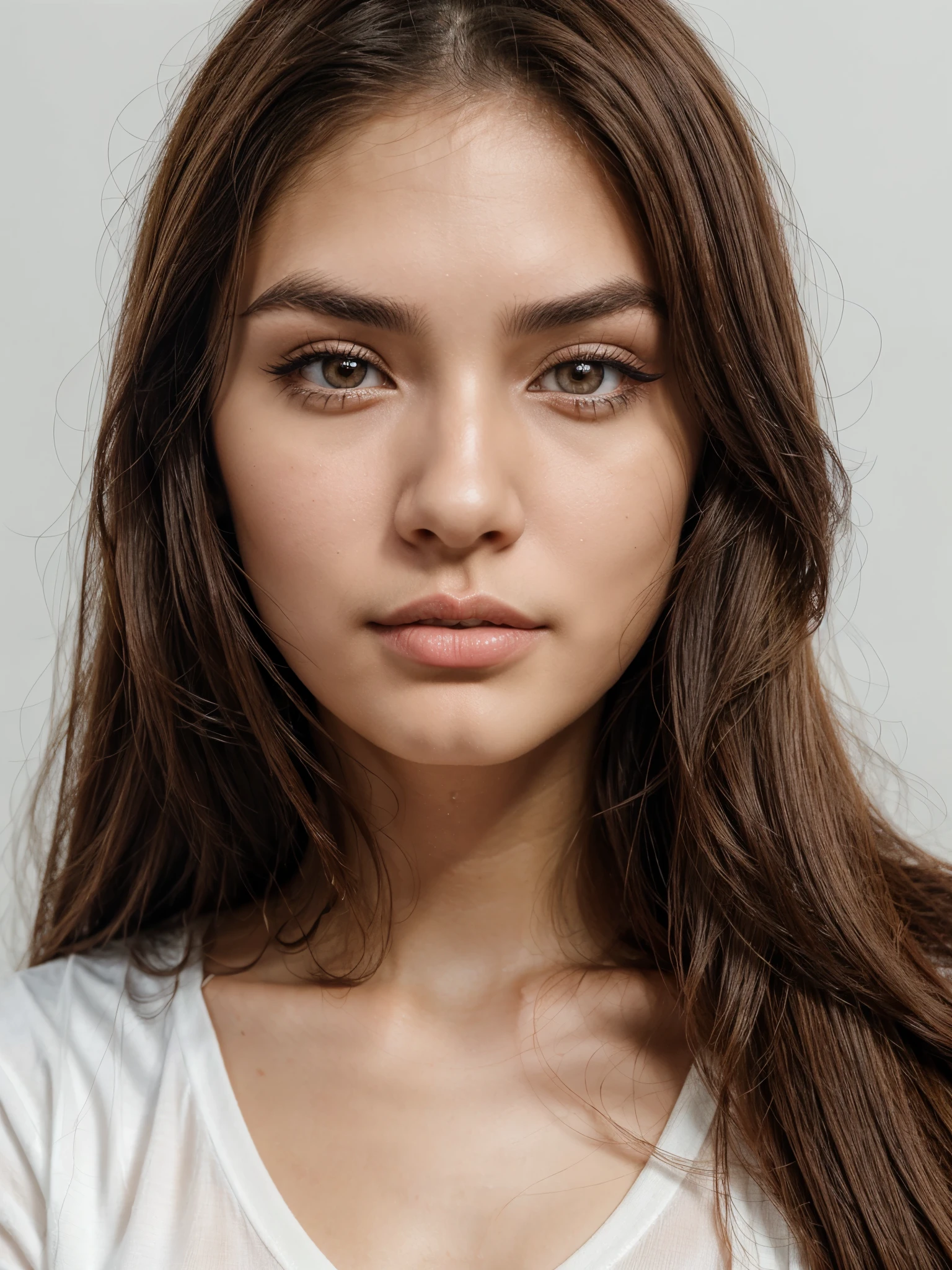 chines girl Christine Bella brown hair, brown hair ((long straight brown hair)), ((small breasts: 1.0)) mia khalifa ((soft eyebrow)) ((brown thicker eyebrows)) sexy face, like ester exposito, brown hair goddess, 24 years old, One girl, natural blue eyes, ((make-up: 1.2)), ((wide shot)), wearing white shirt, photoshoot, studio shoot, solid background, ((portrait)), photo face, ((face photo)), detail on face, closeup on face, 24y old, 24 year old, japanes girl