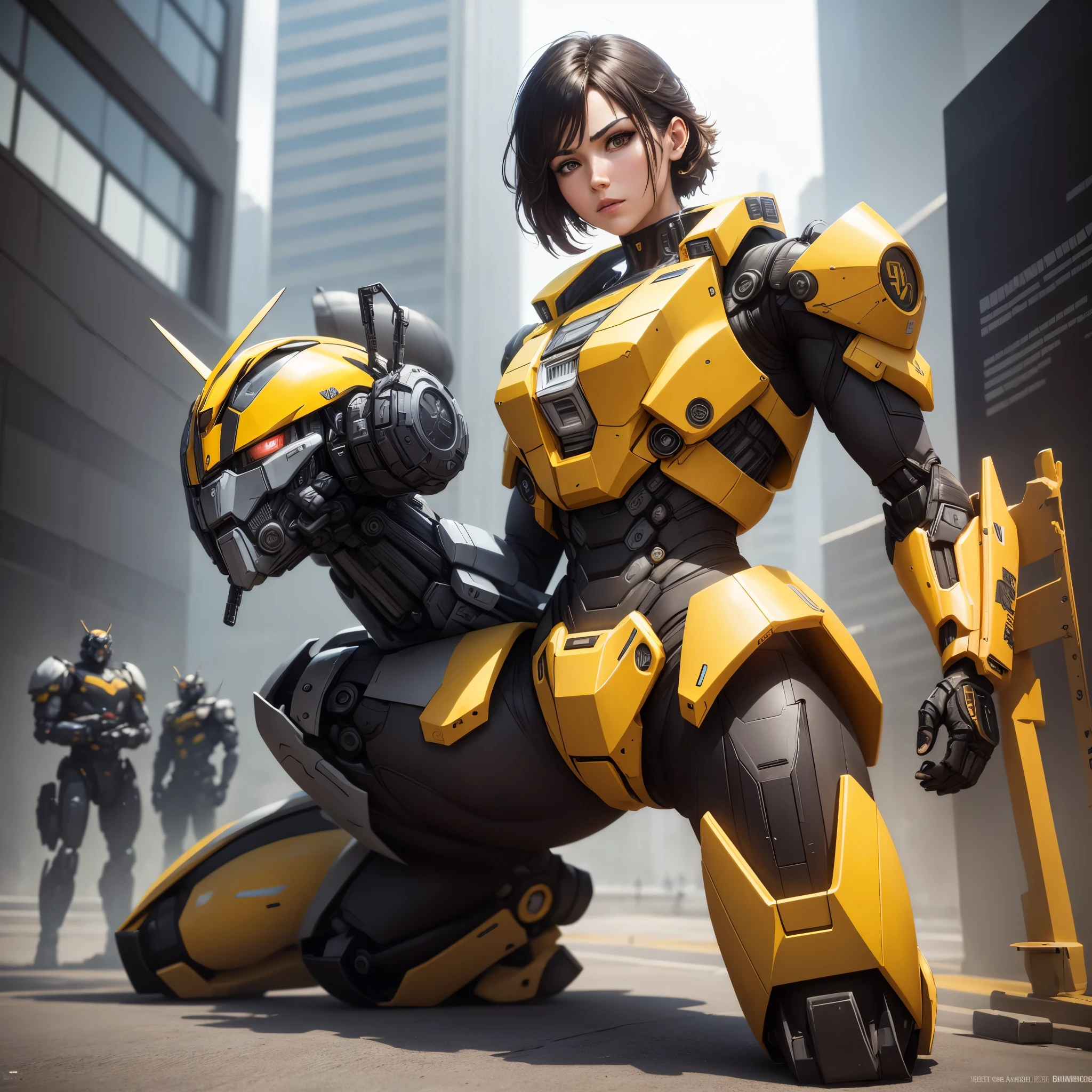 transformers war robots are in a battle with a city in the background, A man stands in front of the Bumblebee mech，based on bumblebee, yellow mech, Bumblebee, wojtek fus, akira and bumblebee, from transformers, trending on artstation 4k, yellow battlefield theme, an anime large mecha robot, , 8k hd concept art
INFO
