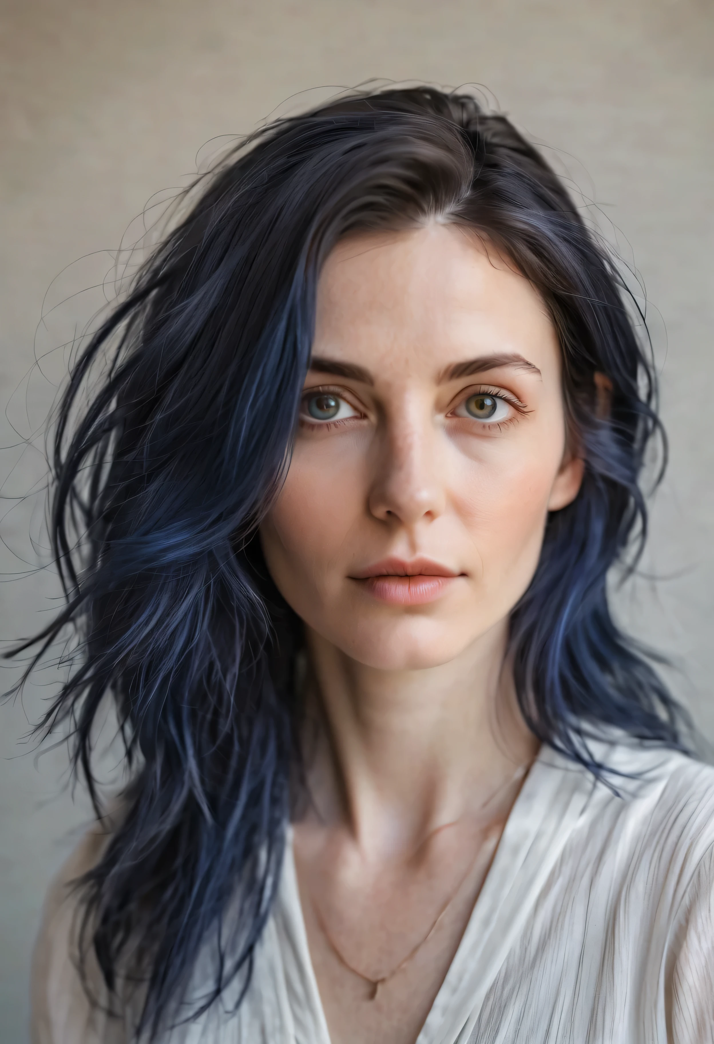 Portrait of a beautiful woman about 35 with a deep look and indigo hair strands, intelligent eyes and a barely noticeable mysterious smile. Face pale matte, graceful. Features are subtle, Aristocratic. gray eyes, slightly tired with characteristic wrinkles in the corners from frequent concentration and reading. Insightful look,lesiastical architecture, by redefining prestig