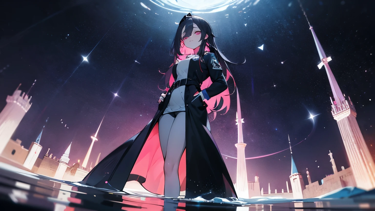 1woman, Hairstyle: long straight dark blue hair with hairclip, expressive eyes, pink eyes(glowing), faint smile, perfect face, medium waist and voluptuous body, pale skin(extreme), wearing Chaldea uniform, Pose: Fullbody, Hands hidden behind back, Standing in water reflecting galaxies, Background: Welsh Castle ruins at night, 8k, best quality, absurdres, from below, looking at viewer, 