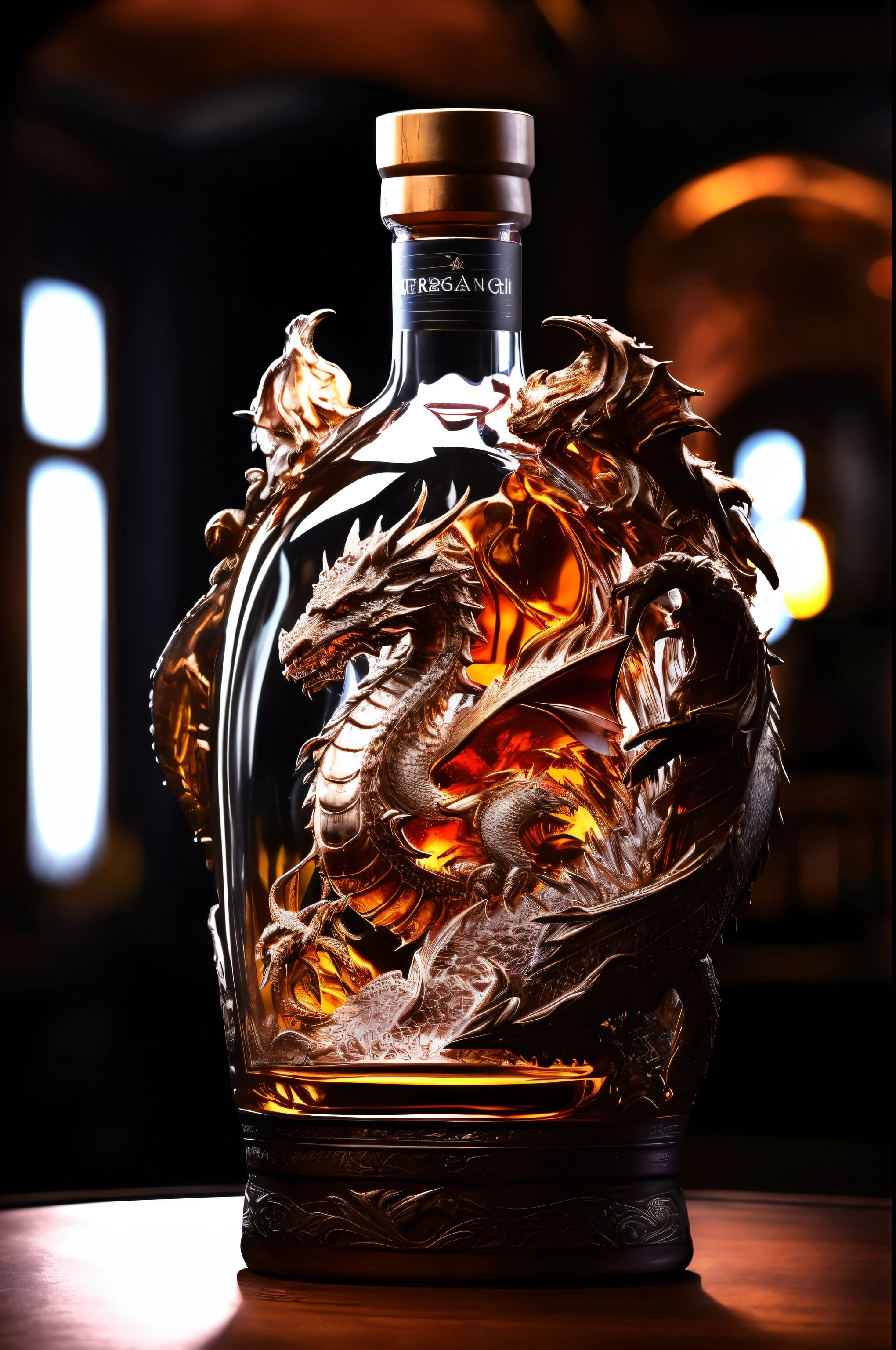 arafed bottle of whisky with a dragon head on top, very fancy whiskey bottle, fancy whiskey bottle, hyper realistic ”, hyper realistic”, closeup portrait shot, infused with zerg hydralisk, stunning and rich detail, close up portrait shot, ultra realistic ”, ultra realistic”, whiskey bottle, portrait shot, photo taken of an epic intricate, inspired by Li Kan