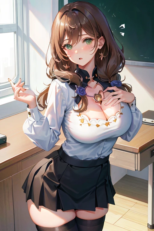 Lisa, genshin impact, 1 girl, alone, ((white shirt)), black Thighhighs, huge breasts, cleavage, uniform, office background, black skirt, pleated skirt, office, hair between eyes, messy hair, large chest, long hair, looking at the viewer, brown hair, red short nails, green eyes, alone, Thighhighs, thighs, very long hair, ((masterpiece)), classroom, machine, Chair, board, class board, Teaching, blush, adult woman, open your mouth, narrow your eyes, emphasize the chest, (View from below), (grab your chest:1.8),