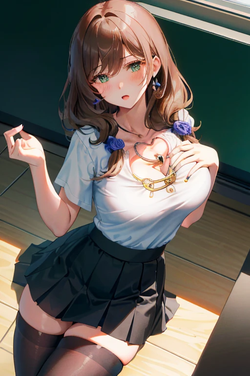 Lisa, genshin impact, 1 girl, alone, ((white shirt)), black Thighhighs, huge breasts, cleavage, uniform, office background, black skirt, pleated skirt, office, hair between eyes, messy hair, large chest, long hair, looking at the viewer, brown hair, red short nails, green eyes, alone, Thighhighs, thighs, very long hair, ((masterpiece)), classroom, machine, Chair, board, class board, Teaching, blush, adult woman, open your mouth, narrow your eyes, emphasize the chest, (View from below), (grab your chest:1.8),