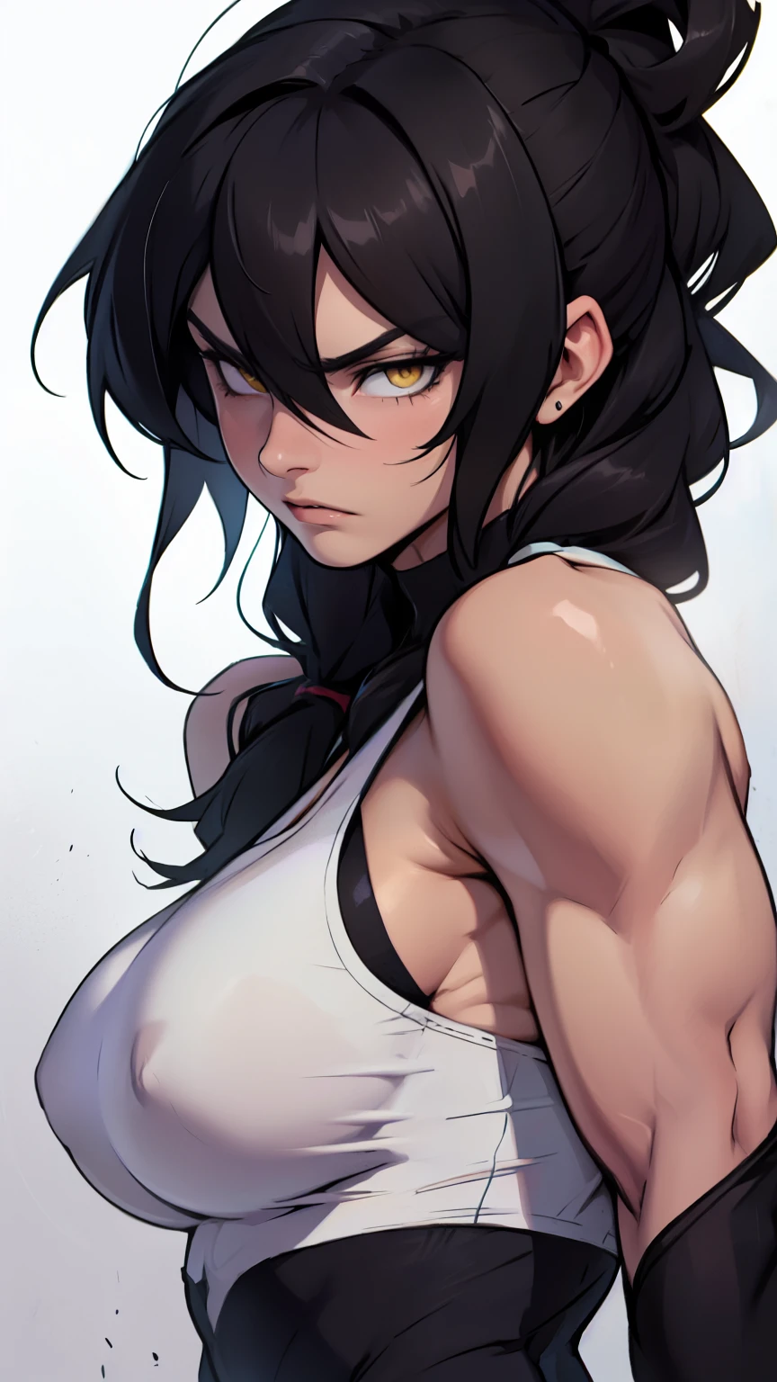pale angry muscular girl thick breast black hair yellow eyes long hair hair between eyes