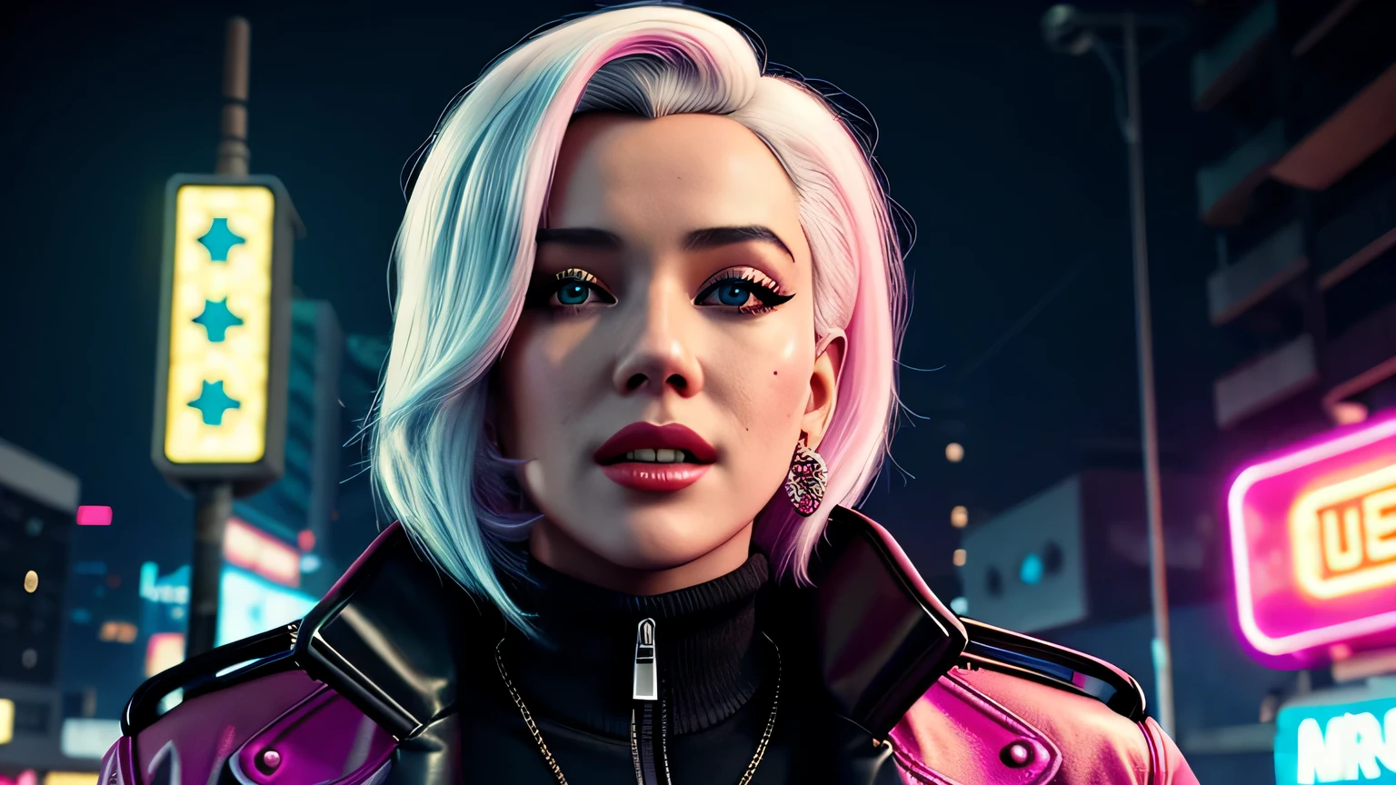 retrato em close de Marilyn Monroe, arte conceitual detalhada do personagem, inspirado em Magali Villeneuve, realista, retrato de personagem de fantasia, Ciberpunk, motor irreal 5, estilo RPG, trends on artstation, Qualidade da CGSociedade, Fundo Bokeh, foco suave, Lente de 35 mm, jaqueta de couro, textura de couro complexa, Ciberpunk outfit, olhar confiante, Estilo de arte de Alexandra Fomina, ((masterfully crafted Ciberpunk clothes, olhos expressivos, postura forte), fotografia profissional, Dynamic Posture, Texturas de alta fidelidade), cinematic lighting, cores atraentes, volumetric neon lightning, vivid neon lights, cores vivas, close up photo at eye level, High definition, efeitos de alta fidelidade, Octane rendering, arte da nintendo