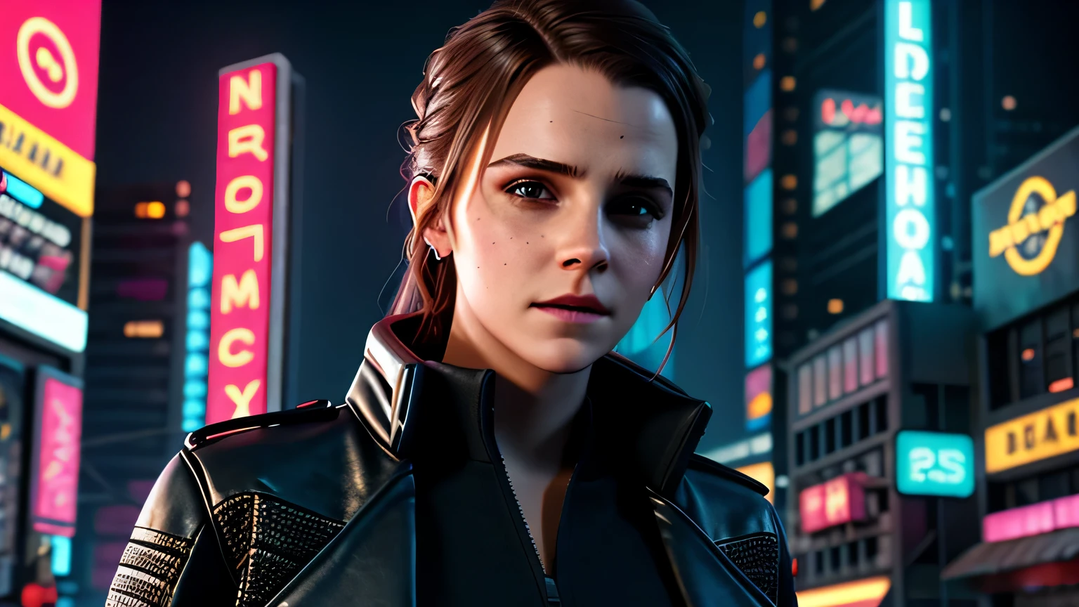 retrato em close de Emma Watson, arte conceitual detalhada do personagem, inspirado em Magali Villeneuve, realista, retrato de personagem de fantasia, Ciberpunk, motor irreal 5, estilo RPG, trends on artstation, Qualidade da CGSociedade, Fundo Bokeh, foco suave, Lente de 35 mm, jaqueta de couro, textura de couro complexa, Ciberpunk outfit, olhar confiante, Estilo de arte de Alexandra Fomina, ((masterfully crafted Ciberpunk clothes, olhos expressivos, postura forte), fotografia profissional, Dynamic Posture, Texturas de alta fidelidade), cinematic lighting, cores atraentes, volumetric neon lightning, vivid neon lights, cores vivas, close up photo at eye level, High definition, efeitos de alta fidelidade, Octane rendering, arte da nintendo