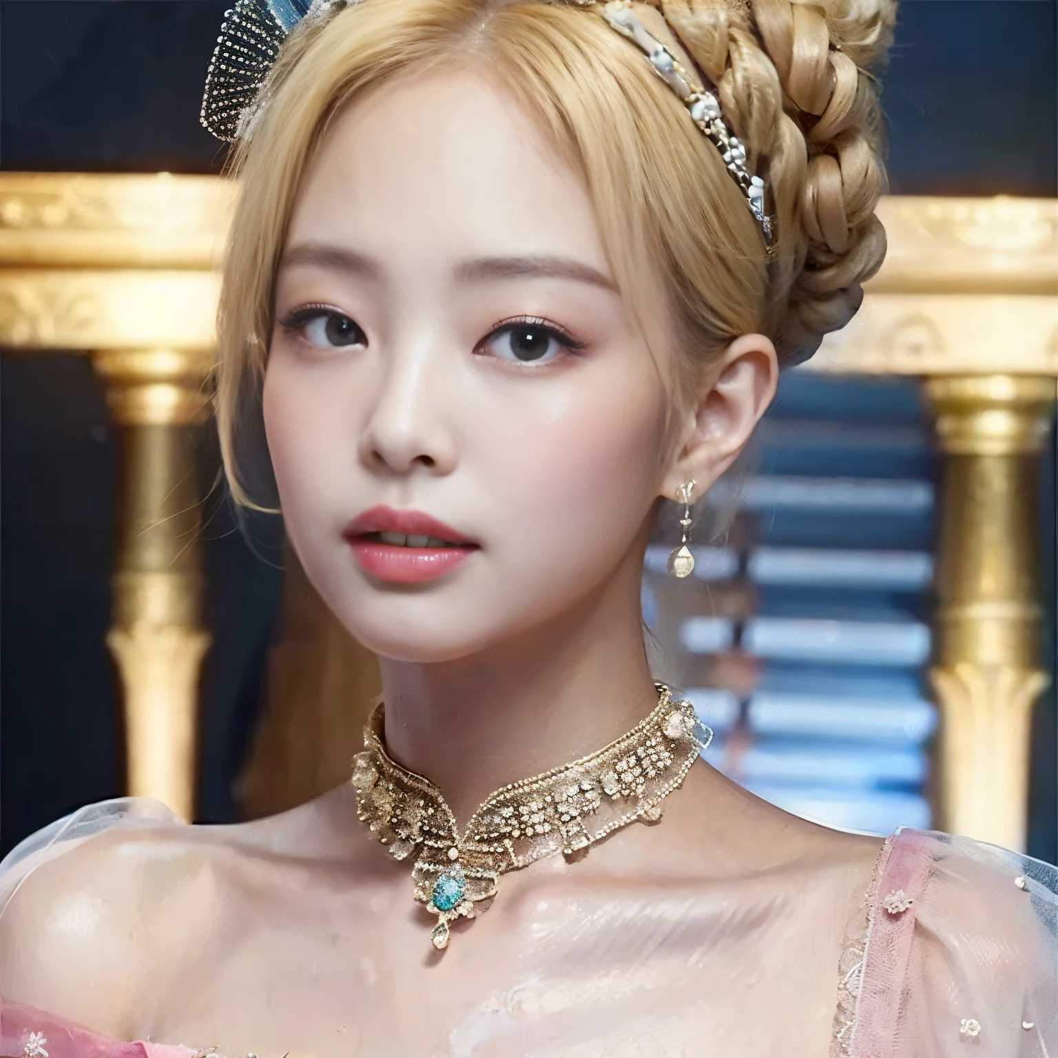 a Korean woman being royalty, she wears an elegant pink dress, she has beautiful very blonde hair, white skin, jennie kim, beautiful woman, color antique portrait painting style, korean royalty, oil painting, elegant dress 