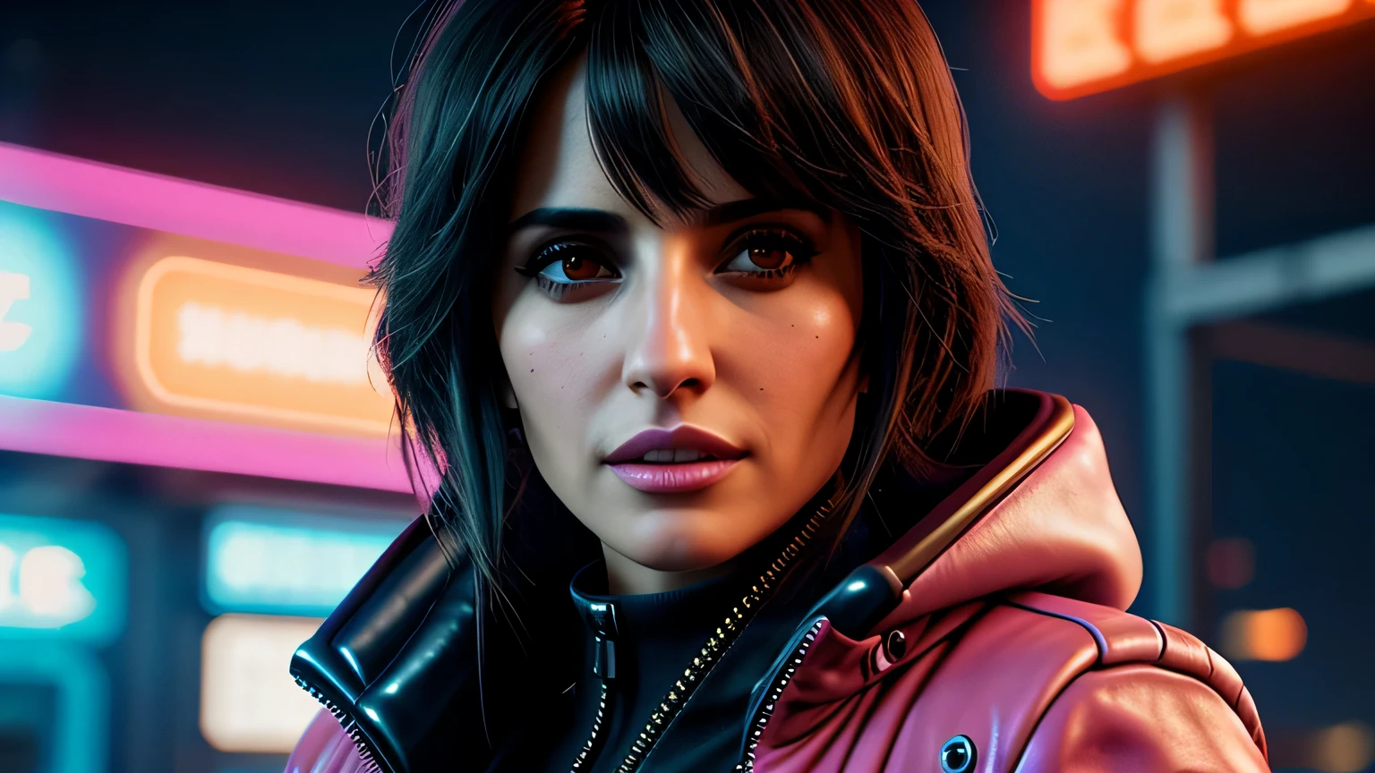 close-up portrait of Penélope Cruz, arte conceitual detalhada do personagem, inspirado em Magali Villeneuve, realista, retrato de personagem de fantasia, Ciberpunk, motor irreal 5, estilo RPG, trends on artstation, Qualidade da CGSociedade, Fundo Bokeh, foco suave, Lente de 35 mm, jaqueta de couro, textura de couro complexa, Ciberpunk outfit, olhar confiante, Estilo de arte de Alexandra Fomina, ((masterfully crafted Ciberpunk clothes, olhos expressivos, postura forte), fotografia profissional, Dynamic Posture, Texturas de alta fidelidade), cinematic lighting, cores atraentes, volumetric neon lightning, vivid neon lights, cores vivas, close up photo at eye level, High definition, efeitos de alta fidelidade, Octane rendering, arte da nintendo