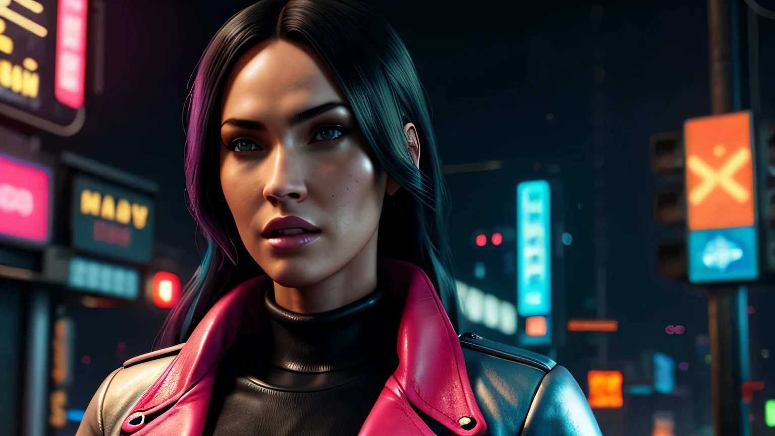 retrato em close de Megan Fox, arte conceitual detalhada do personagem, inspirado em Magali Villeneuve, realista, retrato de personagem de fantasia, Ciberpunk, motor irreal 5, estilo RPG, trends on artstation, Qualidade da CGSociedade, Fundo Bokeh, foco suave, Lente de 35 mm, jaqueta de couro, textura de couro complexa, Ciberpunk outfit, olhar confiante, Estilo de arte de Alexandra Fomina, ((masterfully crafted Ciberpunk clothes, olhos expressivos, postura forte), fotografia profissional, Dynamic Posture, Texturas de alta fidelidade), cinematic lighting, cores atraentes, volumetric neon lightning, vivid neon lights, cores vivas, close up photo at eye level, High definition, efeitos de alta fidelidade, Octane rendering, arte da nintendo