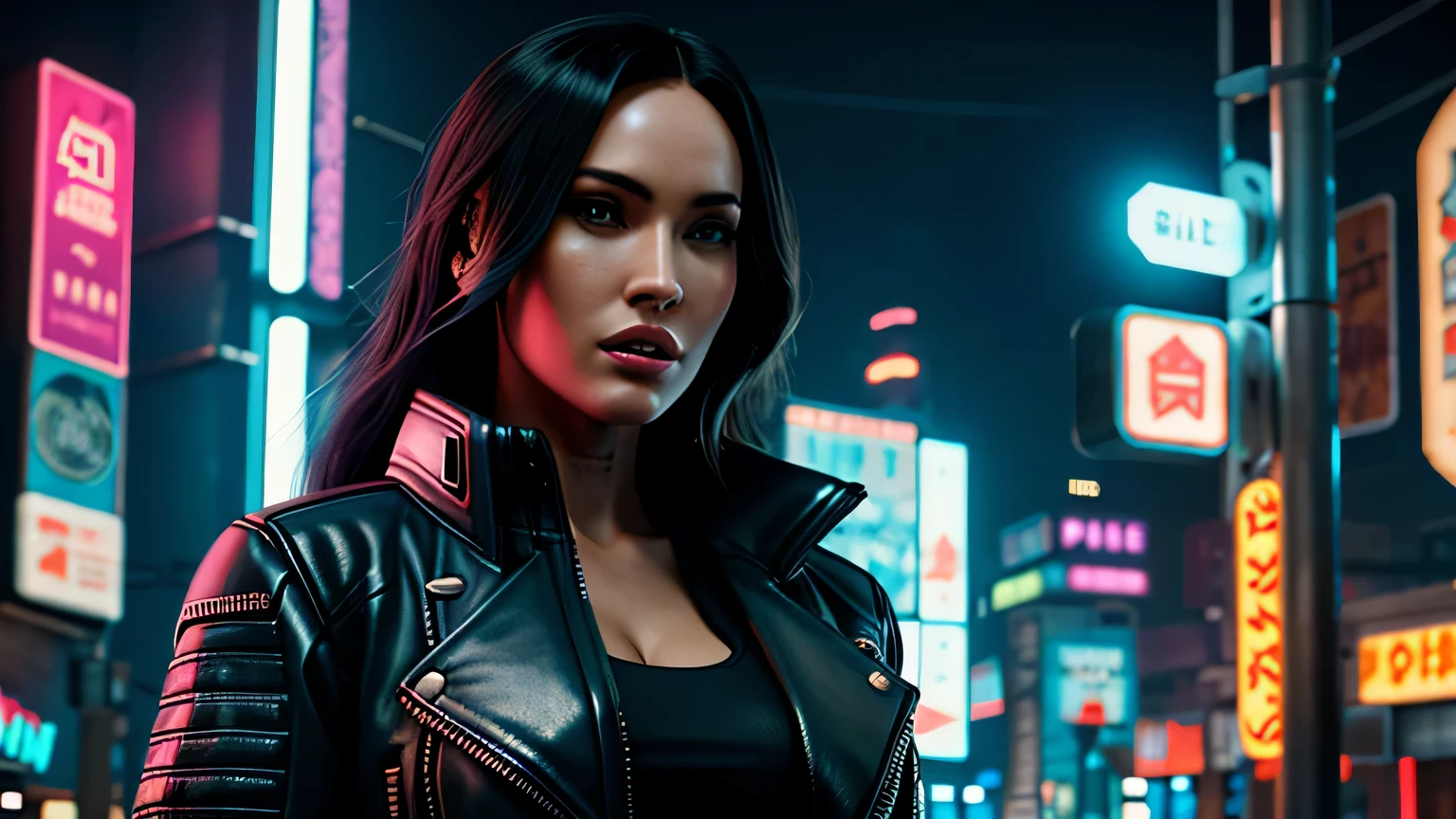 retrato em close de Megan Fox, arte conceitual detalhada do personagem, inspirado em Magali Villeneuve, realista, retrato de personagem de fantasia, Ciberpunk, motor irreal 5, estilo RPG, trends on artstation, Qualidade da CGSociedade, Fundo Bokeh, foco suave, Lente de 35 mm, jaqueta de couro, textura de couro complexa, Ciberpunk outfit, olhar confiante, Estilo de arte de Alexandra Fomina, ((masterfully crafted Ciberpunk clothes, olhos expressivos, postura forte), fotografia profissional, Dynamic Posture, Texturas de alta fidelidade), cinematic lighting, cores atraentes, volumetric neon lightning, vivid neon lights, cores vivas, close up photo at eye level, High definition, efeitos de alta fidelidade, Octane rendering, arte da nintendo