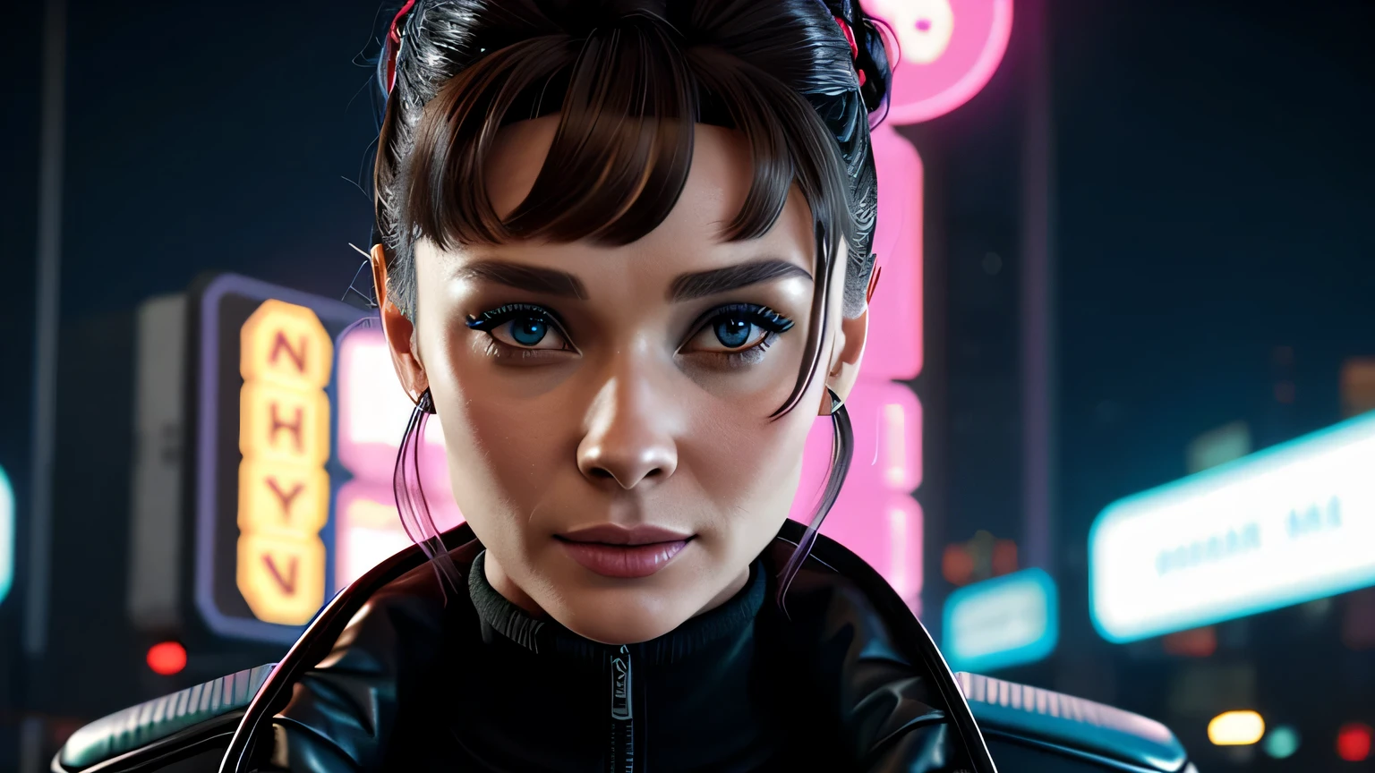 retrato em close de Audrey Hepburn, arte conceitual detalhada do personagem, inspirado em Magali Villeneuve, realista, retrato de personagem de fantasia, Ciberpunk, motor irreal 5, estilo RPG, trends on artstation, Qualidade da CGSociedade, Fundo Bokeh, foco suave, Lente de 35 mm, jaqueta de couro, textura de couro complexa, Ciberpunk outfit, olhar confiante, Estilo de arte de Alexandra Fomina, ((masterfully crafted Ciberpunk clothes, olhos expressivos, postura forte), fotografia profissional, Dynamic Posture, Texturas de alta fidelidade), cinematic lighting, cores atraentes, volumetric neon lightning, vivid neon lights, cores vivas, close up photo at eye level, High definition, efeitos de alta fidelidade, Octane rendering, arte da nintendo