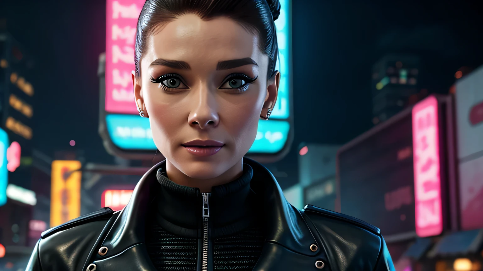 retrato em close de Audrey Hepburn, arte conceitual detalhada do personagem, inspirado em Magali Villeneuve, realista, retrato de personagem de fantasia, Ciberpunk, motor irreal 5, estilo RPG, trends on artstation, Qualidade da CGSociedade, Fundo Bokeh, foco suave, Lente de 35 mm, jaqueta de couro, textura de couro complexa, Ciberpunk outfit, olhar confiante, Estilo de arte de Alexandra Fomina, ((masterfully crafted Ciberpunk clothes, olhos expressivos, postura forte), fotografia profissional, Dynamic Posture, Texturas de alta fidelidade), cinematic lighting, cores atraentes, volumetric neon lightning, vivid neon lights, cores vivas, close up photo at eye level, High definition, efeitos de alta fidelidade, Octane rendering, arte da nintendo