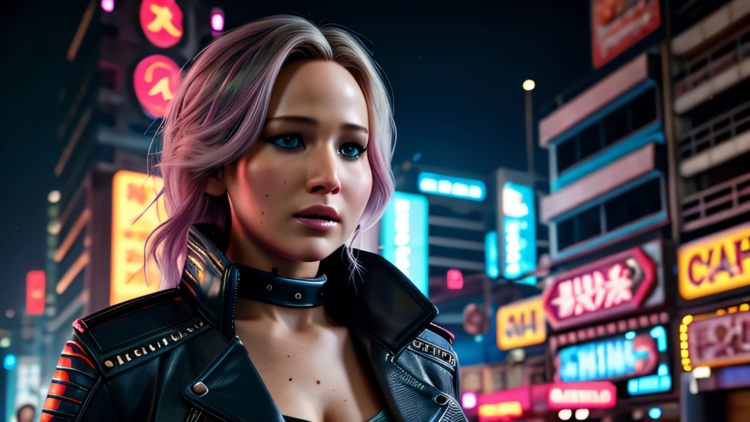 retrato em close de Jennifer Lawrence, arte conceitual detalhada do personagem, inspirado em Magali Villeneuve, realista, retrato de personagem de fantasia, Ciberpunk, motor irreal 5, estilo RPG, trends on artstation, Qualidade da CGSociedade, Fundo Bokeh, foco suave, Lente de 35 mm, jaqueta de couro, textura de couro complexa, Ciberpunk outfit, olhar confiante, Estilo de arte de Alexandra Fomina, ((masterfully crafted Ciberpunk clothes, olhos expressivos, postura forte), fotografia profissional, Dynamic Posture, Texturas de alta fidelidade), cinematic lighting, cores atraentes, volumetric neon lightning, vivid neon lights, cores vivas, close up photo at eye level, High definition, efeitos de alta fidelidade, Octane rendering, arte da nintendo