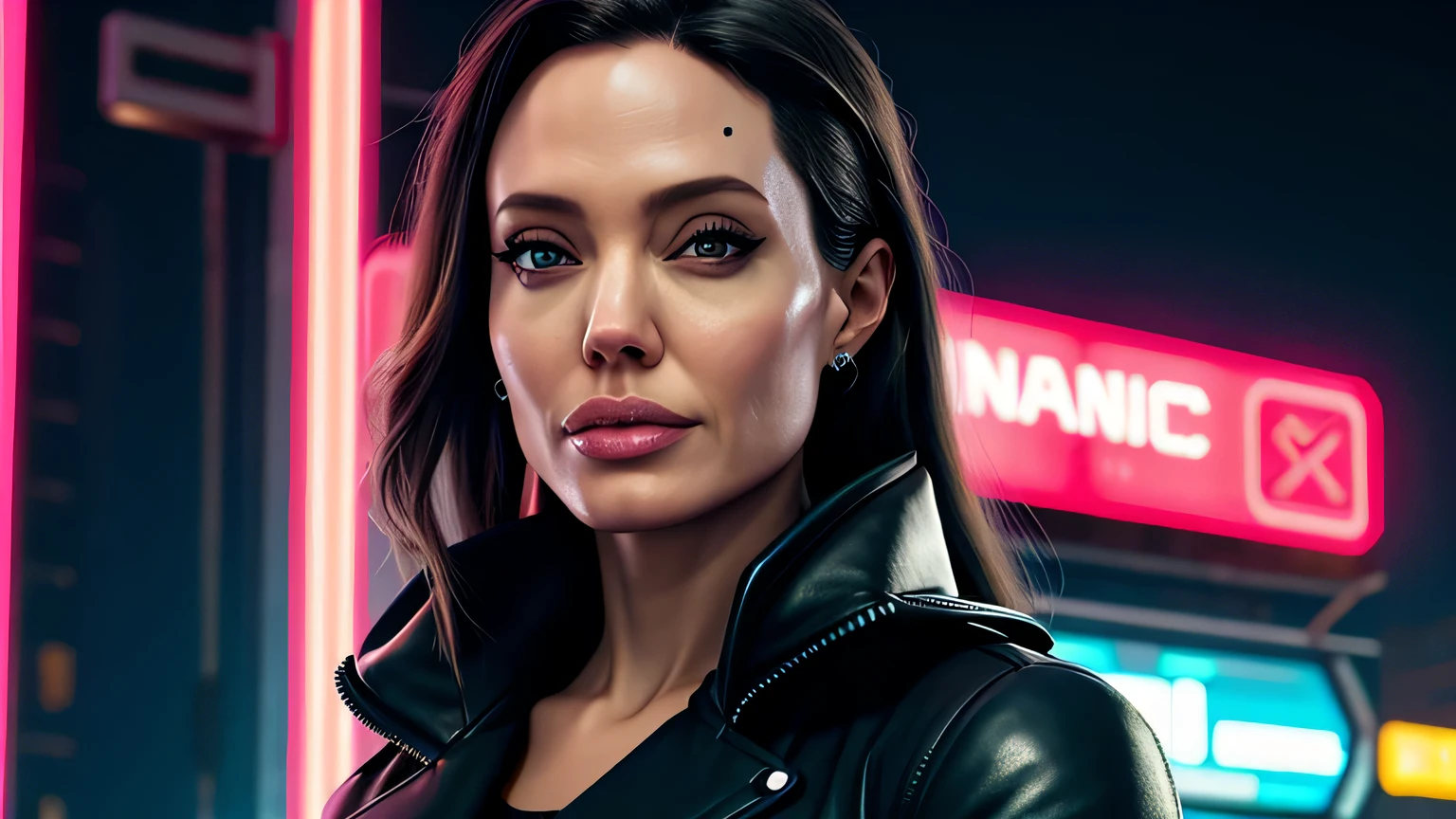retrato em close de Angelina Jolie, arte conceitual detalhada do personagem, inspirado em Magali Villeneuve, realista, retrato de personagem de fantasia, Ciberpunk, motor irreal 5, estilo RPG, trends on artstation, Qualidade da CGSociedade, Fundo Bokeh, foco suave, Lente de 35 mm, jaqueta de couro, textura de couro complexa, Ciberpunk outfit, olhar confiante, Estilo de arte de Alexandra Fomina, ((masterfully crafted Ciberpunk clothes, olhos expressivos, postura forte), fotografia profissional, Dynamic Posture, Texturas de alta fidelidade), cinematic lighting, cores atraentes, volumetric neon lightning, vivid neon lights, cores vivas, close up photo at eye level, High definition, efeitos de alta fidelidade, Octane rendering, arte da nintendo