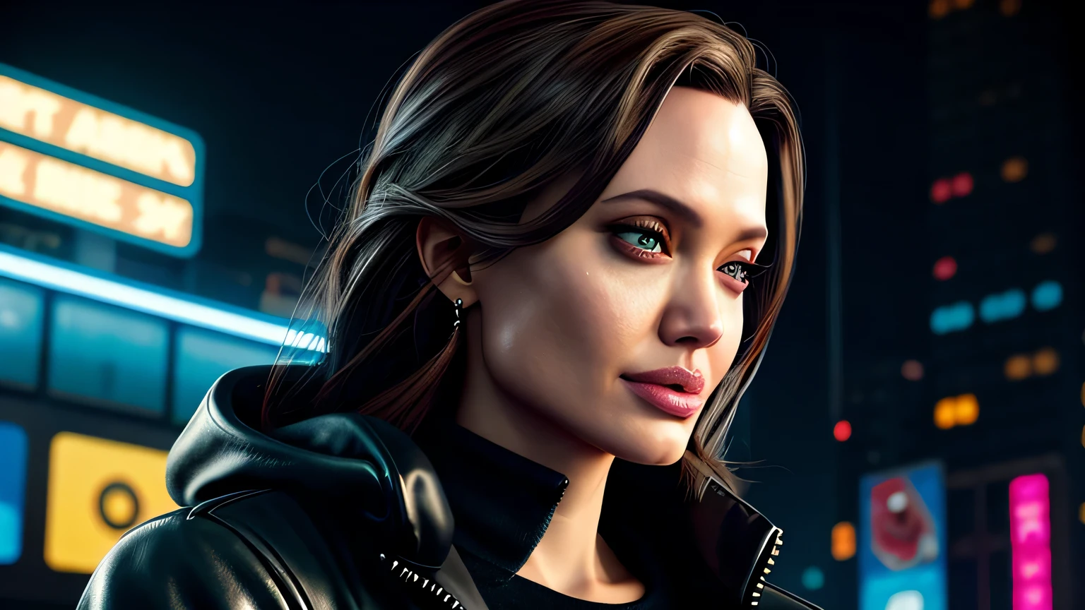 retrato em close de Angelina Jolie, arte conceitual detalhada do personagem, inspirado em Magali Villeneuve, realista, retrato de personagem de fantasia, Ciberpunk, motor irreal 5, estilo RPG, trends on artstation, Qualidade da CGSociedade, Fundo Bokeh, foco suave, Lente de 35 mm, jaqueta de couro, textura de couro complexa, Ciberpunk outfit, olhar confiante, Estilo de arte de Alexandra Fomina, ((masterfully crafted Ciberpunk clothes, olhos expressivos, postura forte), fotografia profissional, Dynamic Posture, Texturas de alta fidelidade), cinematic lighting, cores atraentes, volumetric neon lightning, vivid neon lights, cores vivas, close up photo at eye level, High definition, efeitos de alta fidelidade, Octane rendering, arte da nintendo