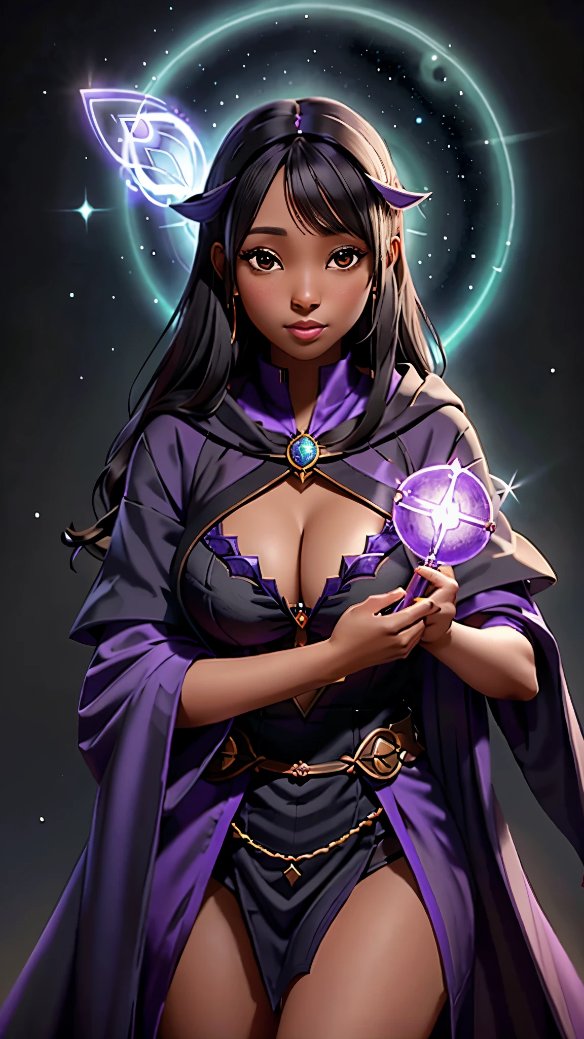 arafed black woman in a purple cloak holding a glowing ball, portrait of a female mage, portrait of a mage, portrait of a sorceress, large breast, fantasy card game art, portrait of female sorcerer, female mage conjuring a spell, a beautiful sorceress, graphic artist magali villeneuve, beautiful sorceress, fantasy genre portrait