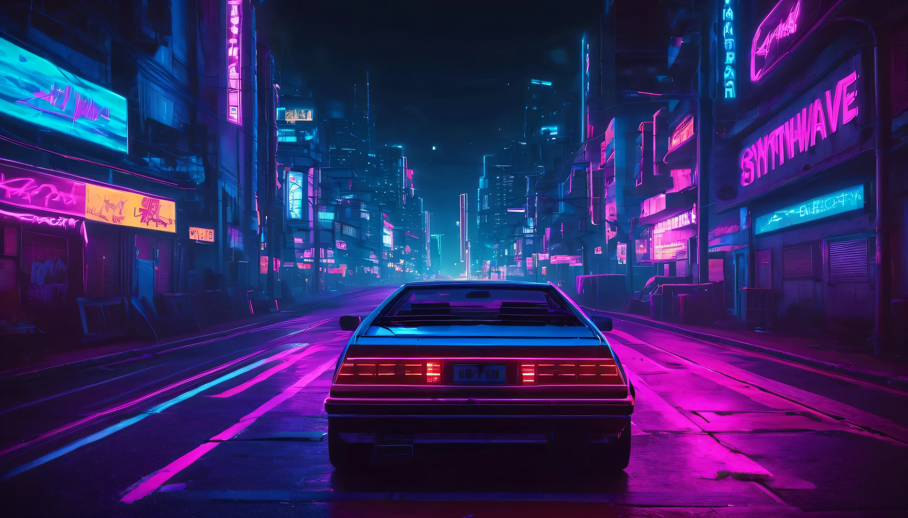 escena ynthwave y synthpop, A vehicle driving through the city streets at night., neon lights illuminating the way, nostalgic essence of the 80's, estilo ciberpunk. Aspect Ratio 16:9